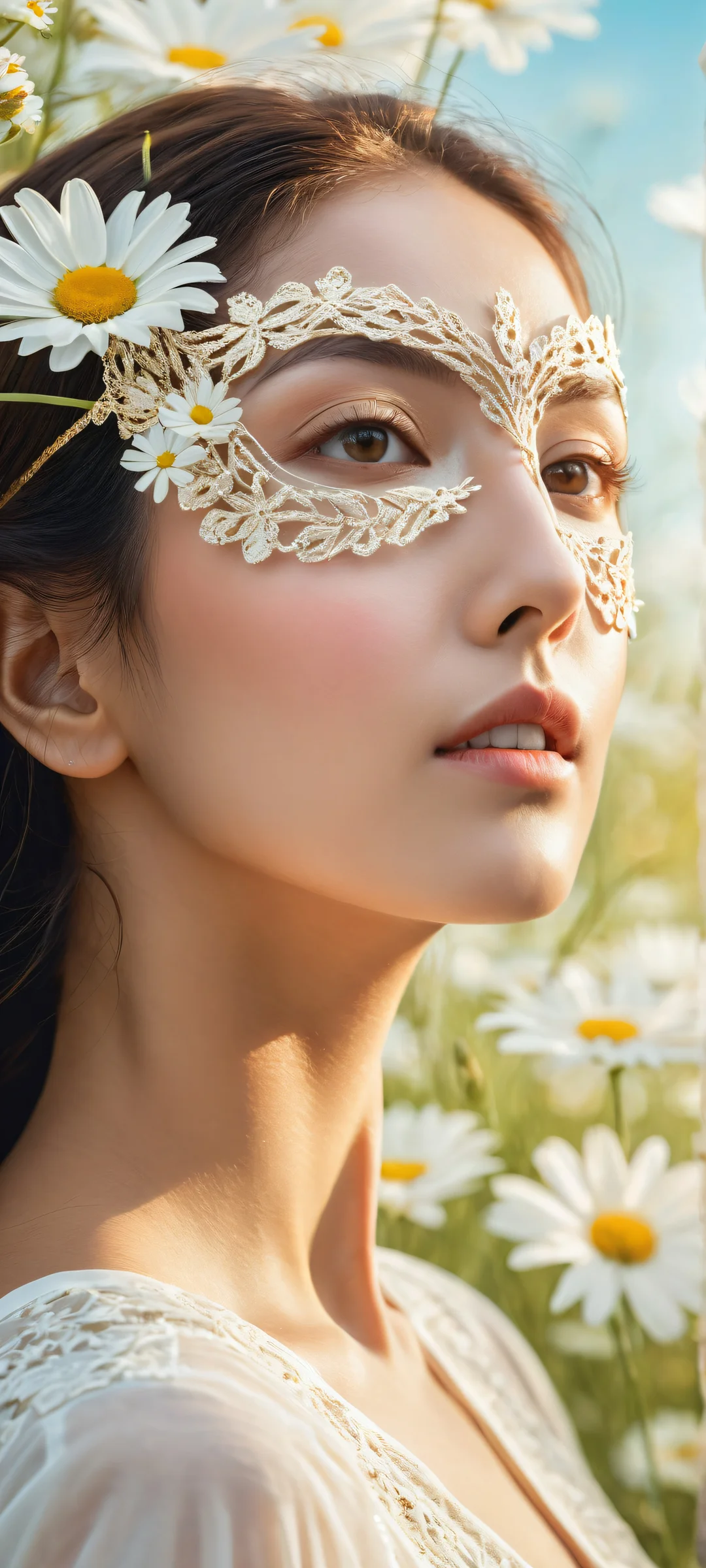 Whispers in the Meadow 2K Mobile Backgroundund Android-StartbildschirmeSamsung GalaxyPerfekt optimiert für das iPhone A serene and ethereal portrait of a woman wearing a delicate mask, set against a peaceful spring meadow backdrop. Perfectly optimized for iPhone, Samsung Galaxy, and Android home screens.