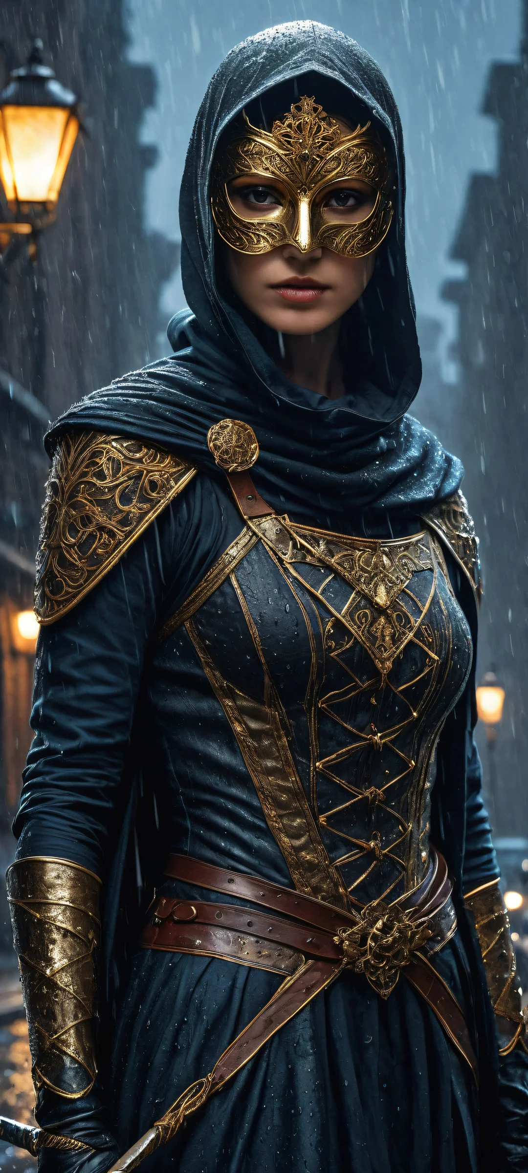 A melancholic masked heroine from the 1800s with a sad face, on a rainy night, for iPhone and Android devices.