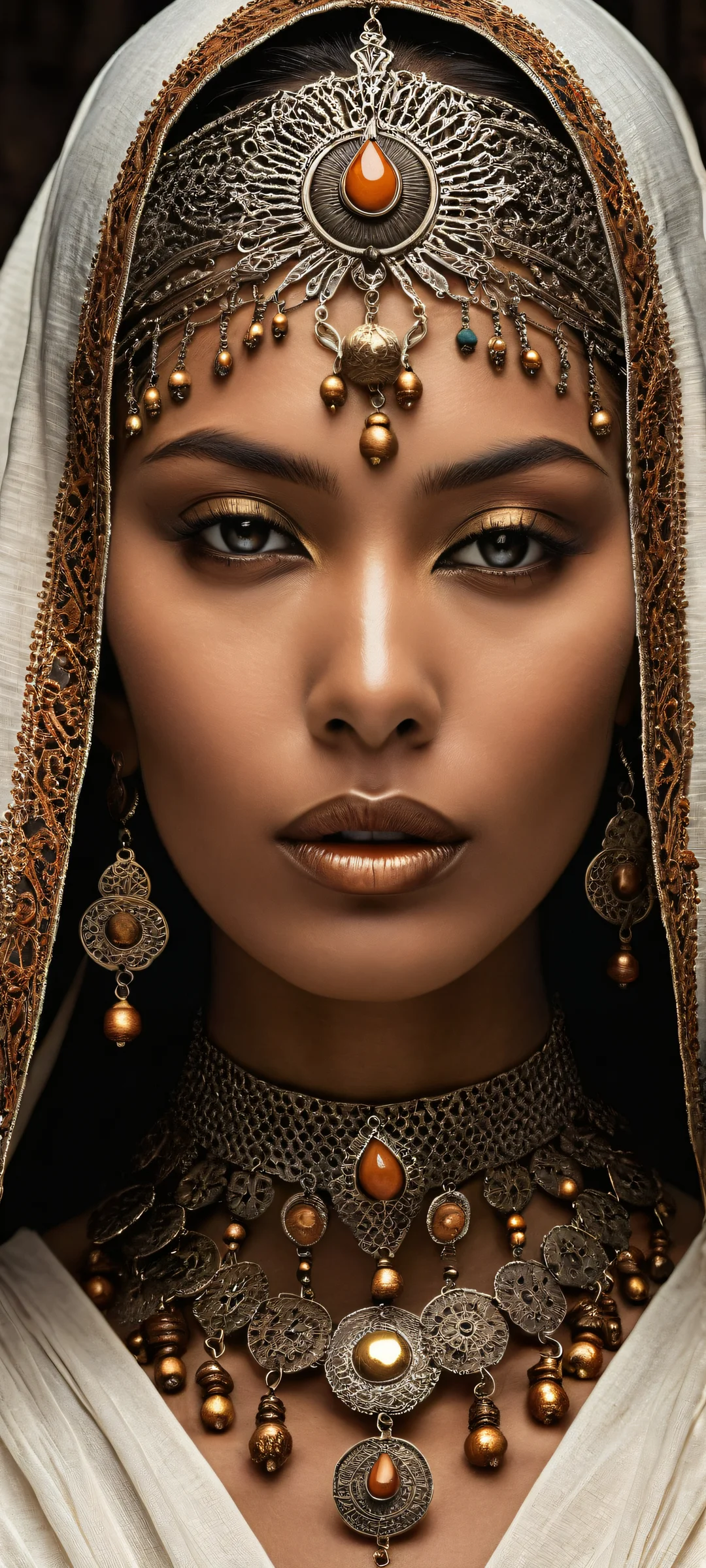A mysterious woman with intricate micro-details on her skin and adornments, perfectly optimized for iPhone, Samsung Galaxy, and Android home screens.
