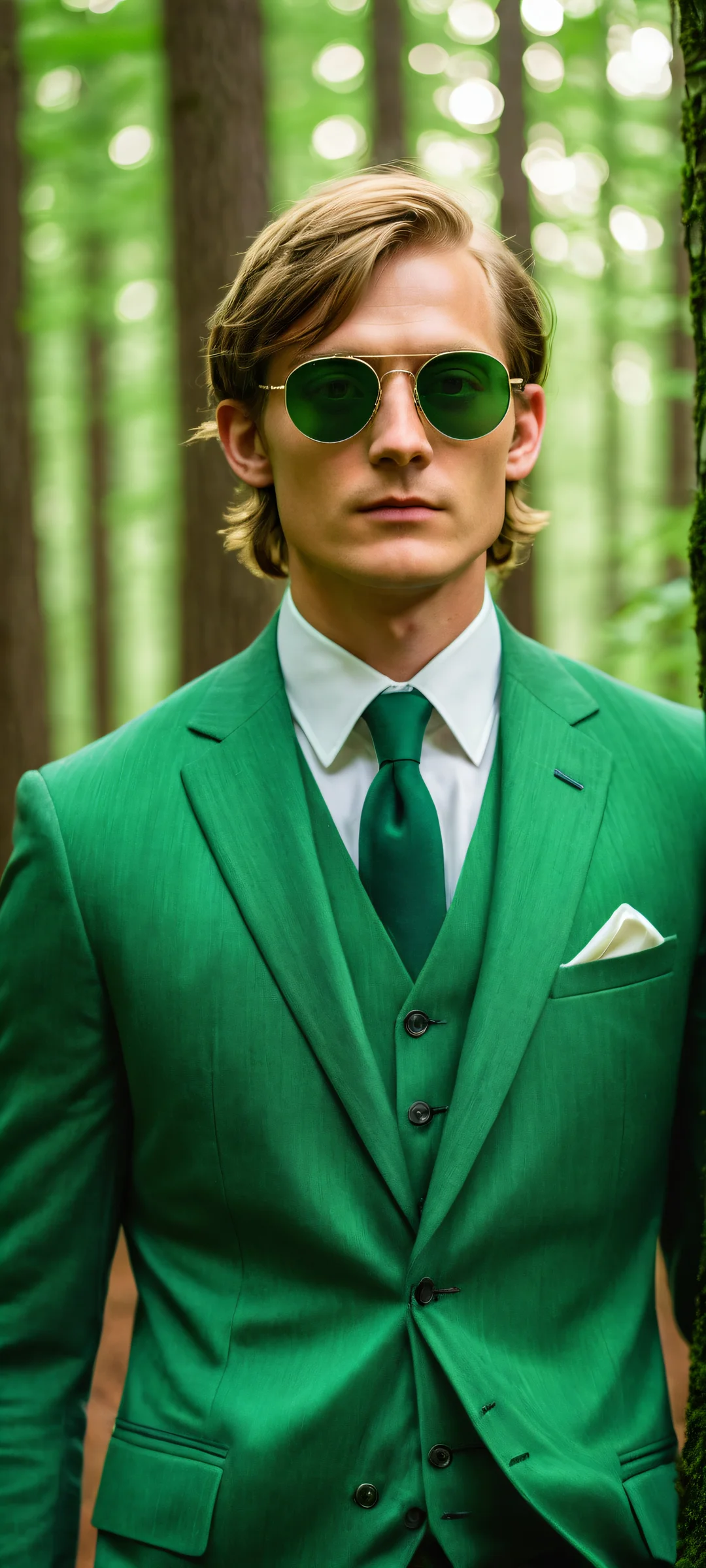 Mysterious Link portrait with green shafts of light and eerie forest background, perfect for iPhone/Android