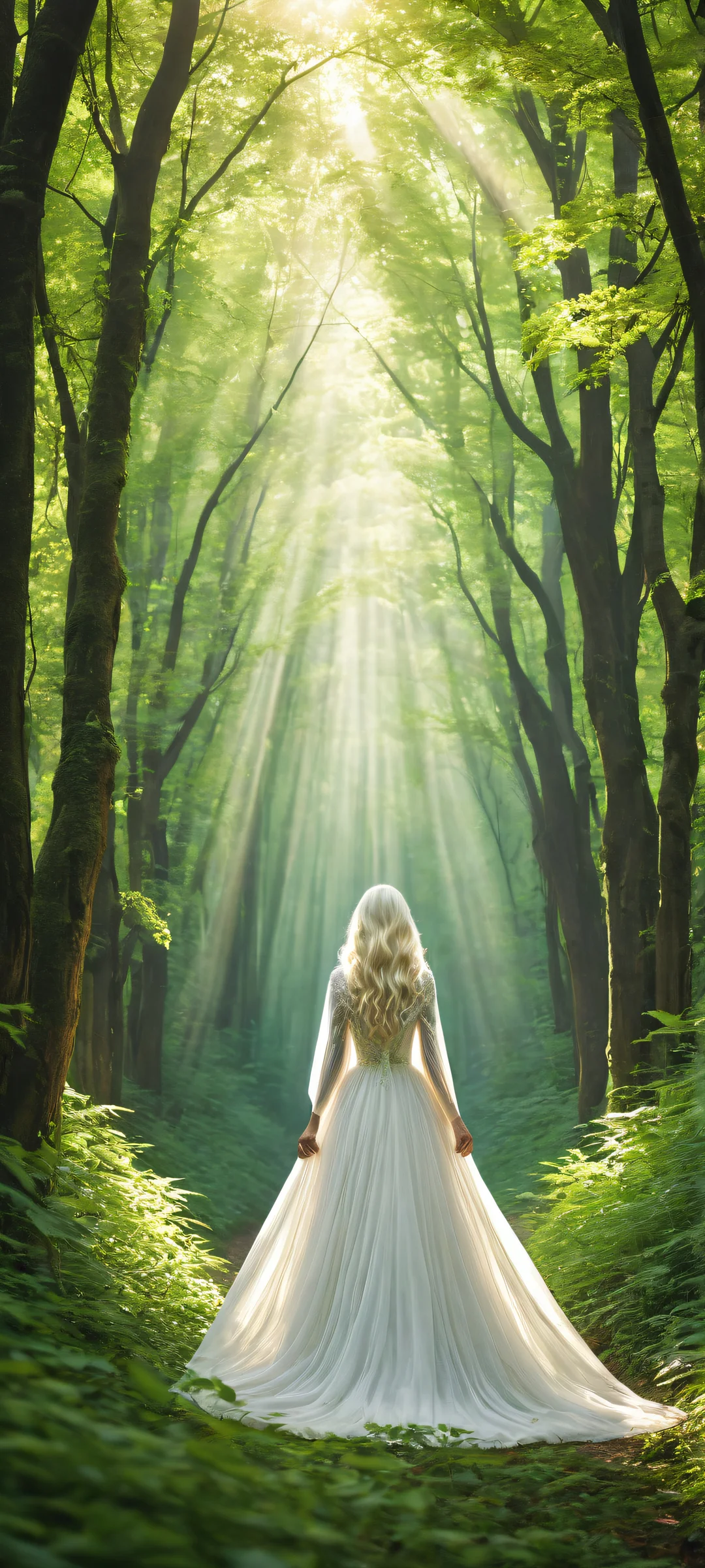 A woman with flowing white hair stands in a tunnel of trees, looking away from the viewer. Perfect for iPhone/Android home screens.