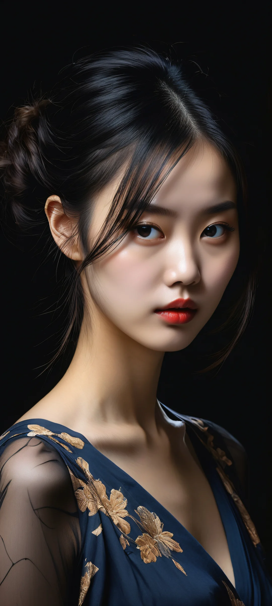 A wabi-sabi portrait of a girl transforming into a symbolic painting, perfekt optimiert für iPhone/Android-Startbildschirme.