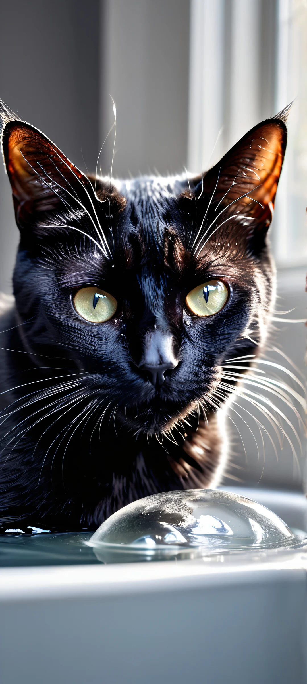 Black cat takes a bubble bath against a mysterious dark gray background, perfectly optimized for iPhone and Android home screens.