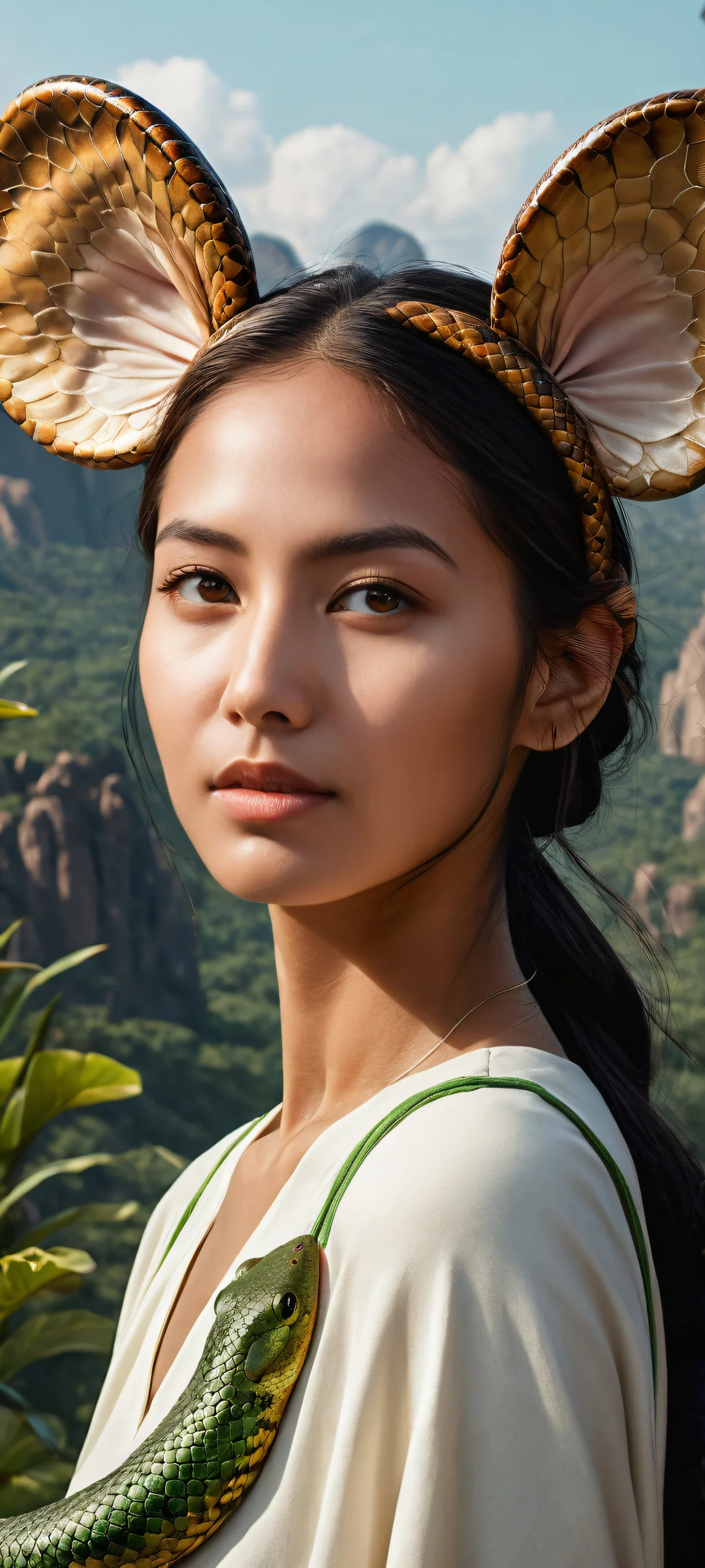 A majestic mouse girl hugs a snake against a vast zoo landscape on an iPhone or Android device.