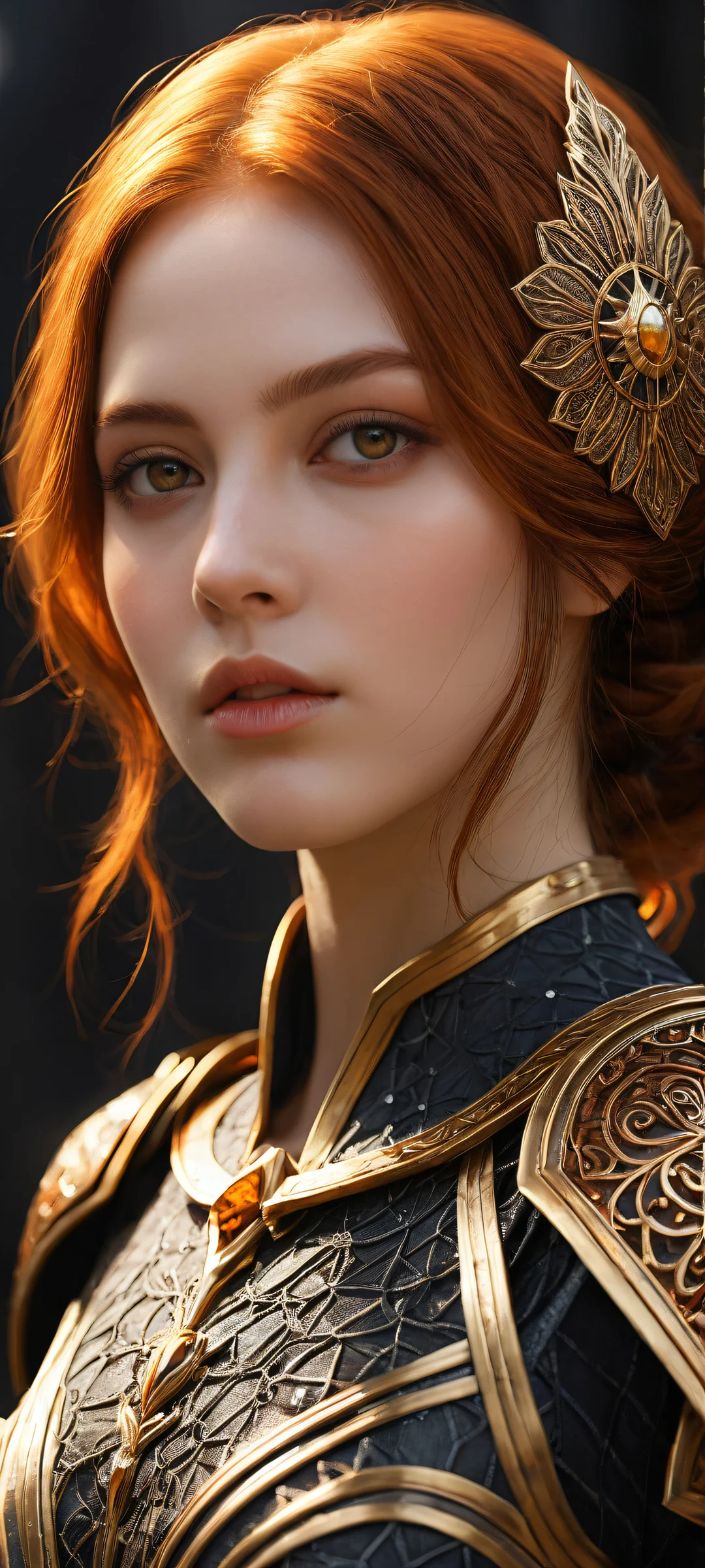 Lone amber-wigged girl in armor against a clean dark mode-inspired background for iPhone/Android home screen