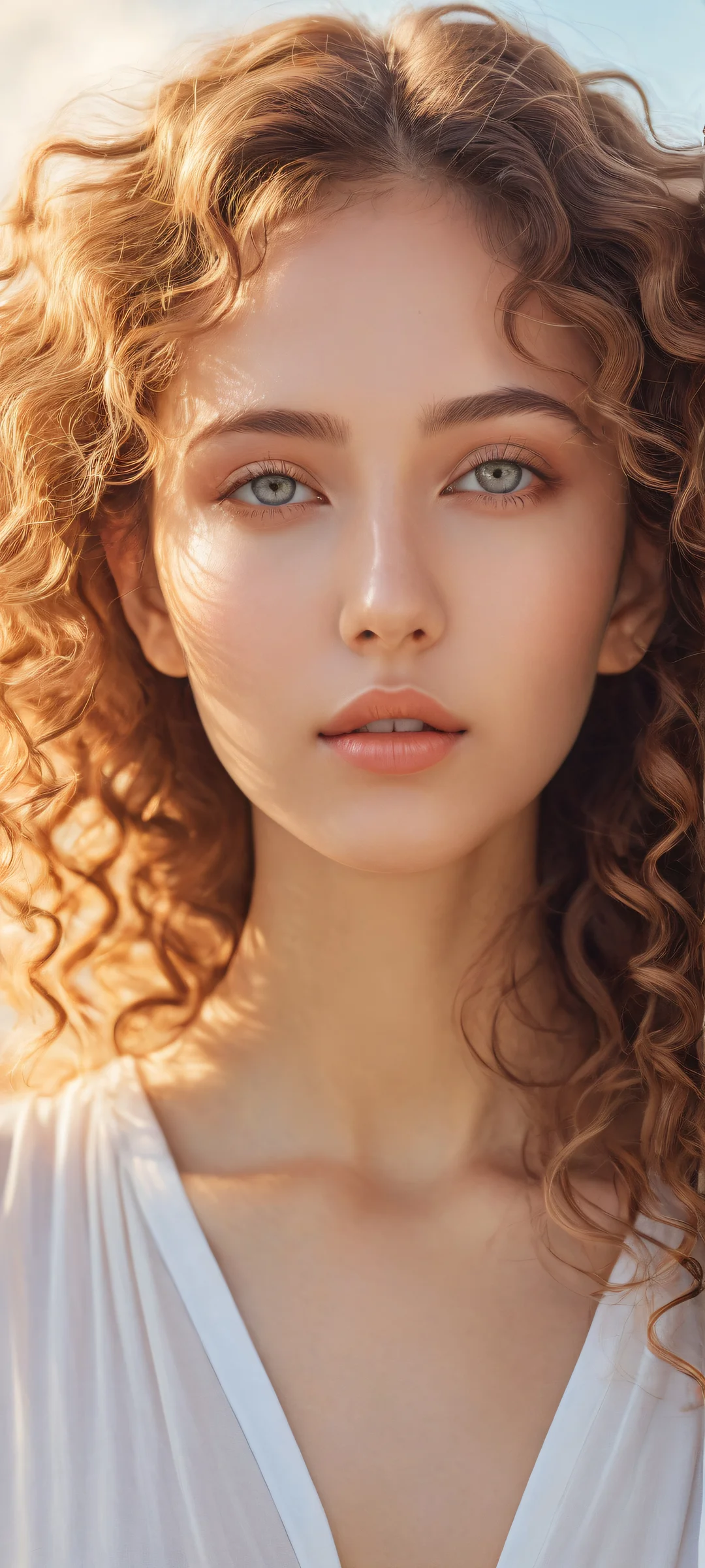 Whispers of Clarity QHD Phone Background A girl with an incredible hairstyle floats against a pure void, perfectly lit by soft sunbeams. iPhone/Android.