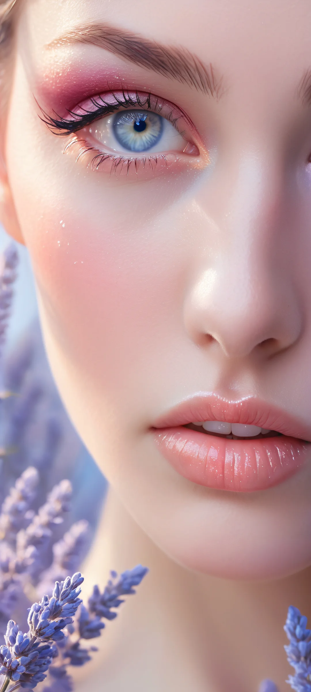 Beautiful portrait of a serene beauty's face with a misty forest backdrop for iPhone and Android wallpapers.