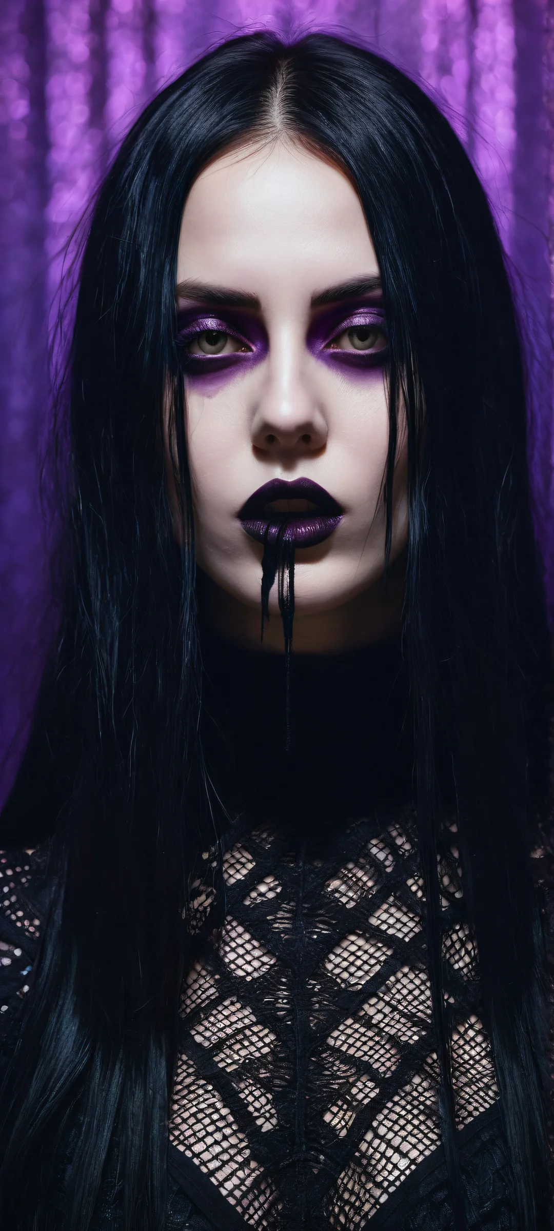 A goth woman with black hair and fishnet shirt poses, while a scarecrow looms in the background on an iPhone or Android phone.