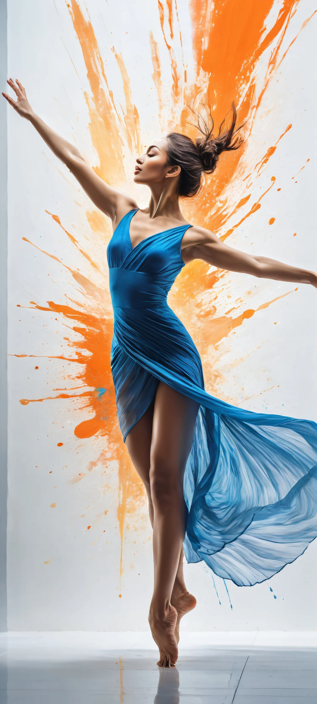 A stunning digital art portrait of a woman in motion, perfectly optimized for iPhone and Android home screens. Her arms stretch out to the sides as she dances, with a vast pure void above her and an energetic abstract background.