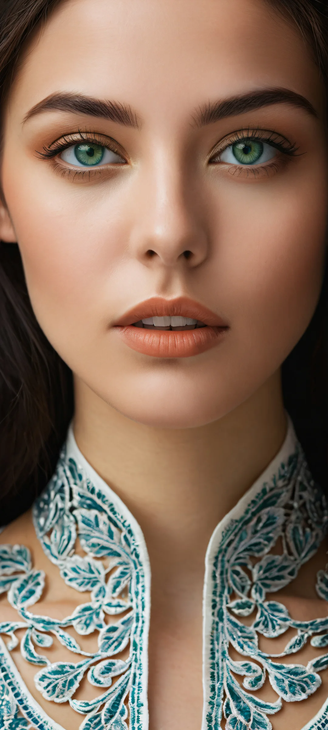 Portrait of a young woman with striking green eyes on a pure void background for iPhone/Android mobile wallpapers.