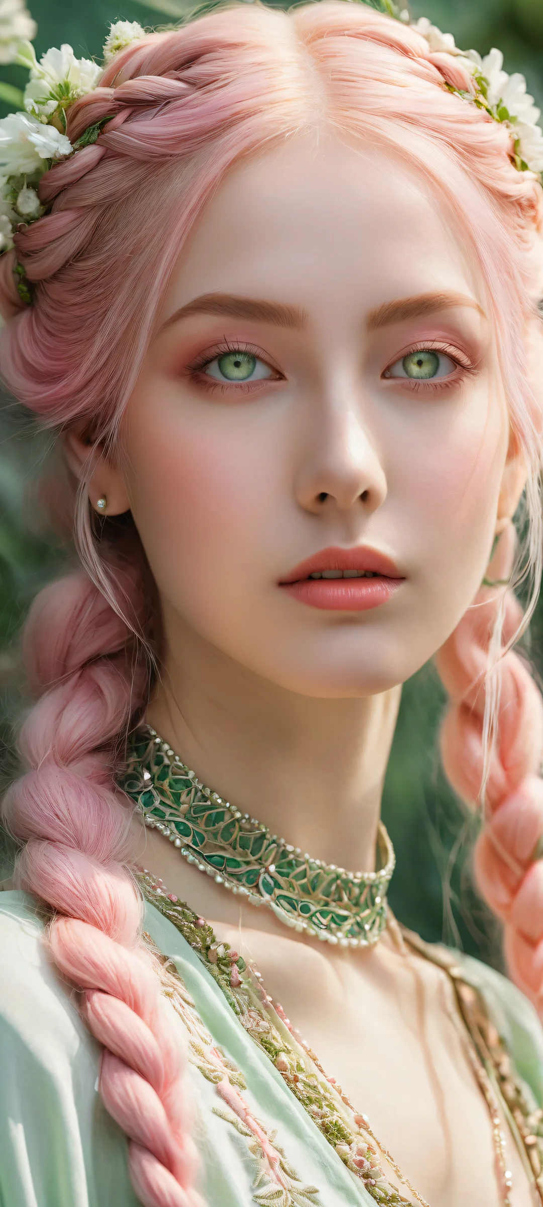 Whispers of Elegance 2K QHD Mobile Wallpaper A maiden's enchanting portrait with pink hair and sparkling green eyes on an iPhone/Android home screen.