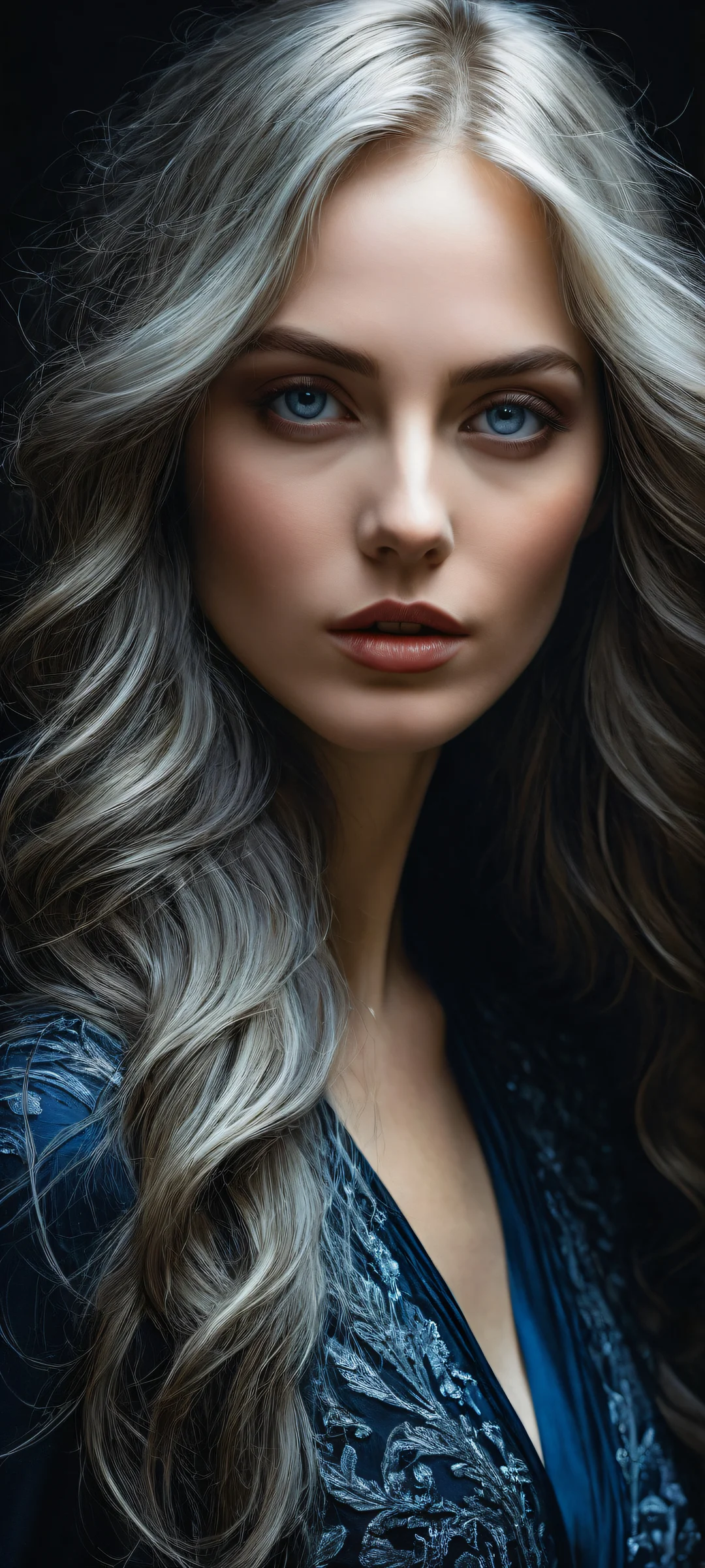 A captivating vertical portrait artwork featuring an enchanting long-haired maiden on a dark background with intricate details and textures, perfect for iPhone/Android home screens.