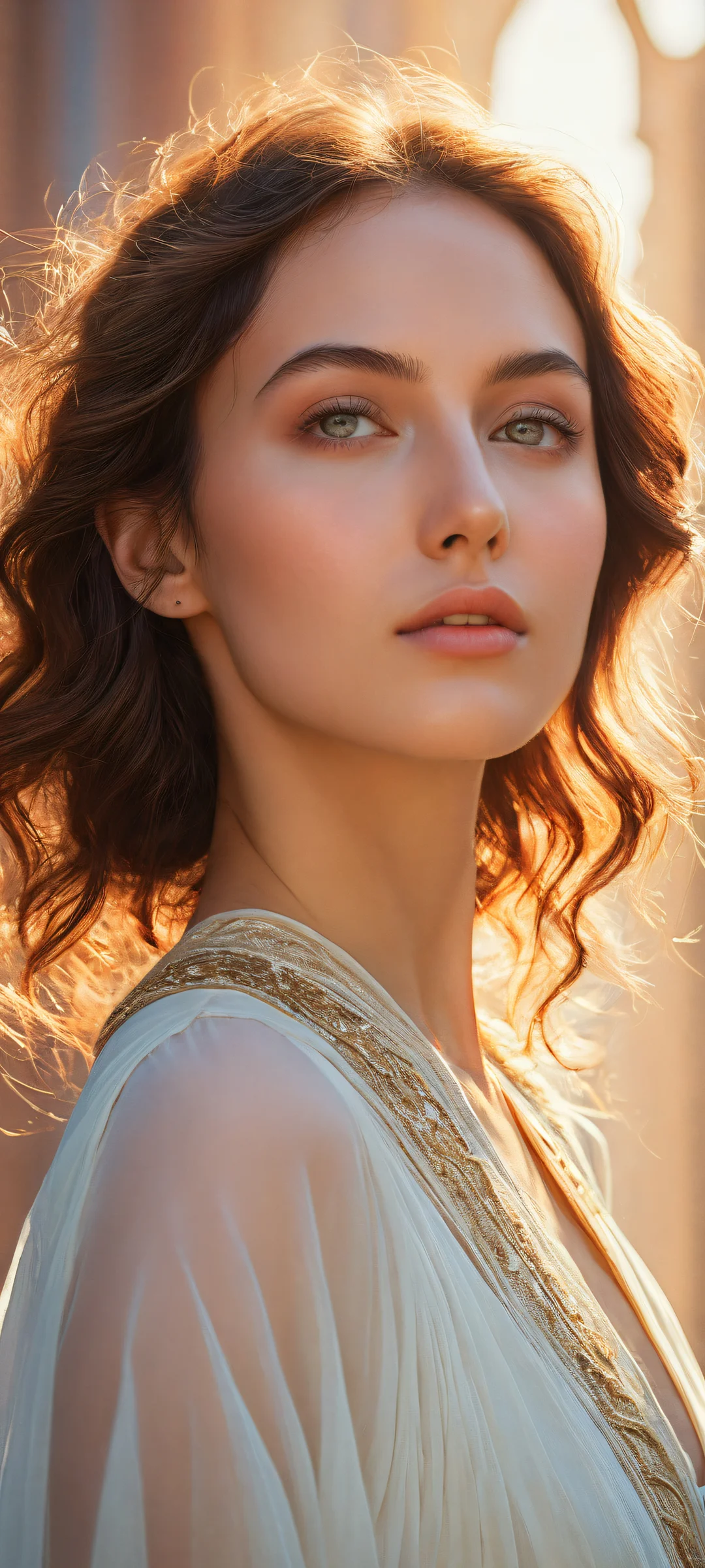 Ethereal portrait of a serene young woman on an iPhone or Android device's home screen, with captivating eyes and detailed illustration.