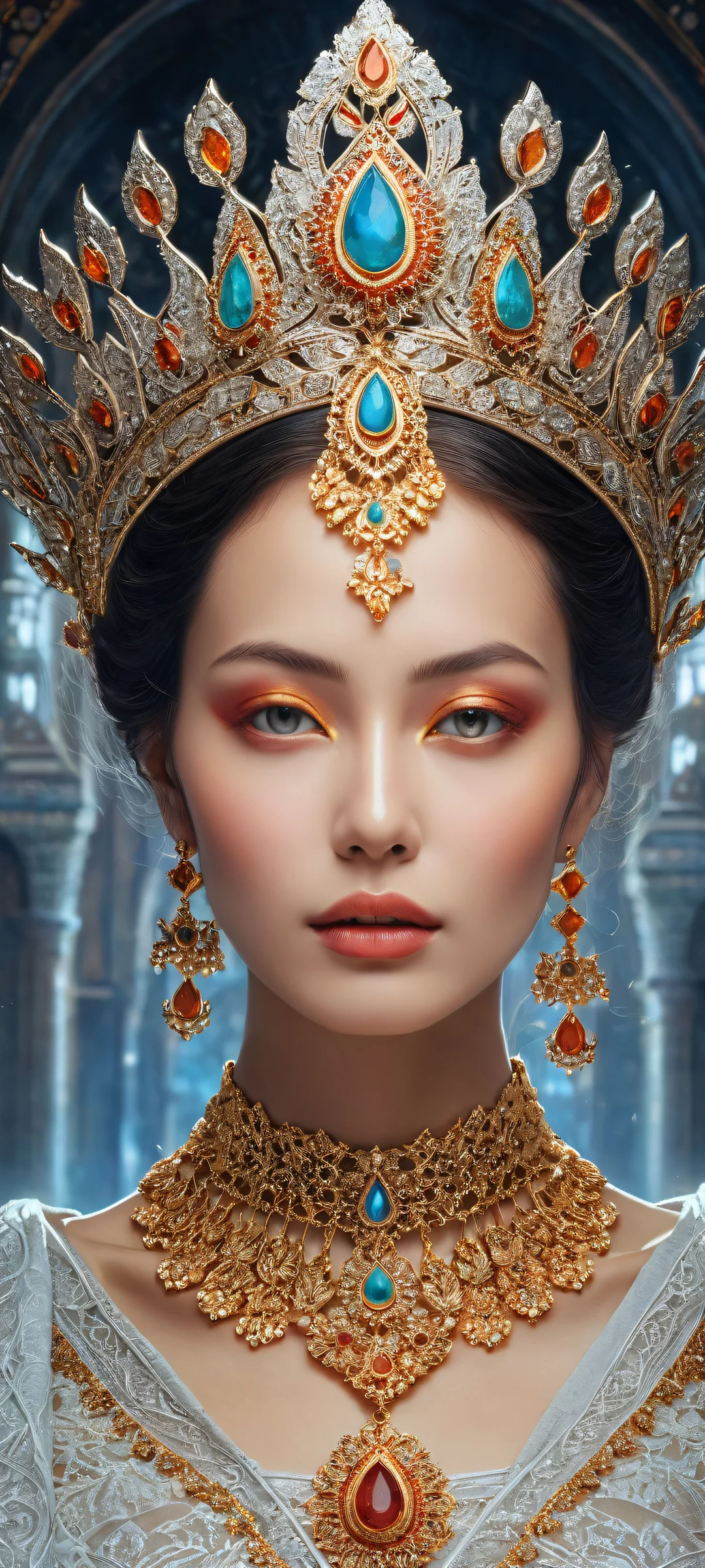 A regal woman surrounded by mystical symbols and ornate jewelry, perfectly suited for iPhone/Android home screens with ethereal lighting and brilliant colors.