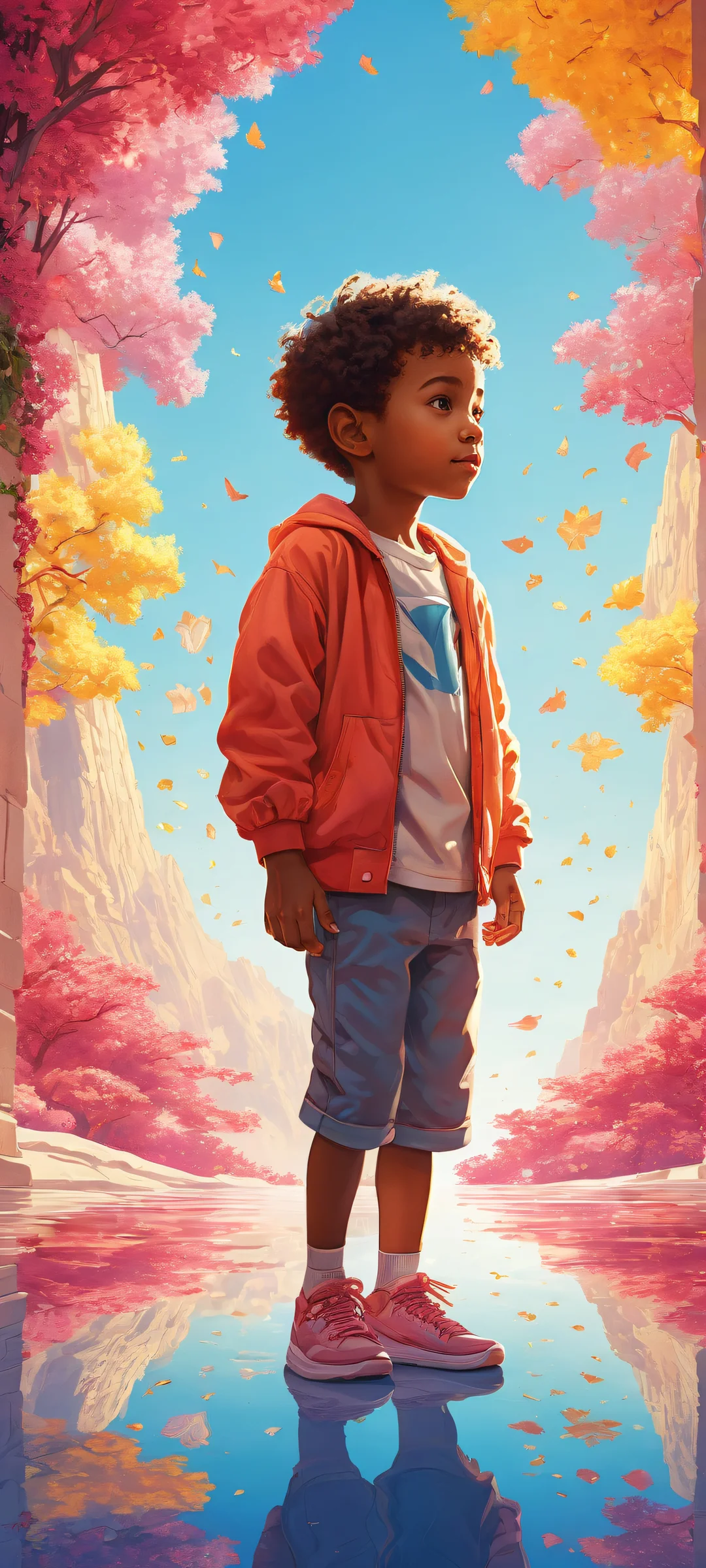 A stylized illustration of a boy surrounded by vibrant imagination and creativity on an iPhone or Android device.