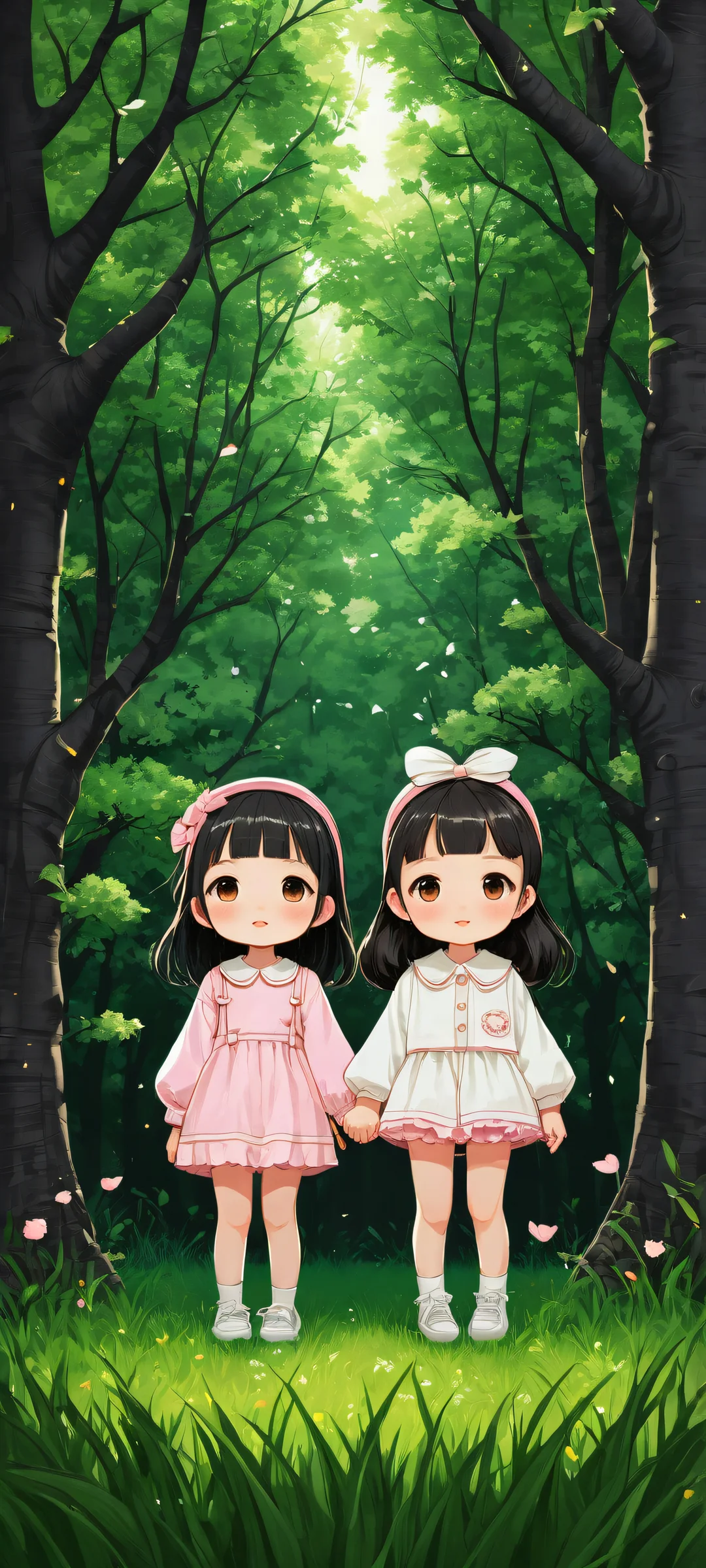 Two chibi girls on a serene landscape with iPhone/Android-compatible wallpaper