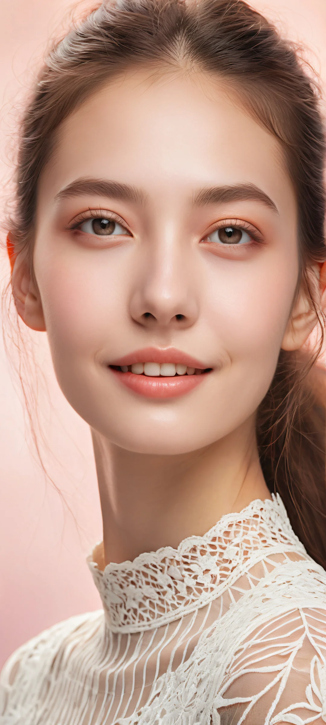 iPhone and Android users will adore this breathtaking portrait artwork featuring a delicate girl with an enigmatic smile, set against a vast expanse of empty space and intricate patterns.