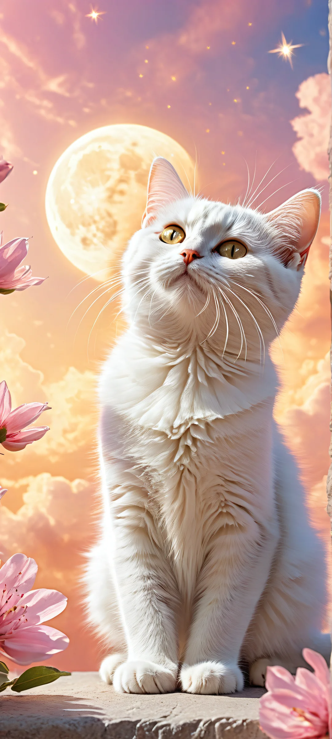 A dreamy kitten amidst crescent moon, flauschige Wolken, and shooting stars on a blank canvas, perfekt für iPhone/Android-Startbildschirme.