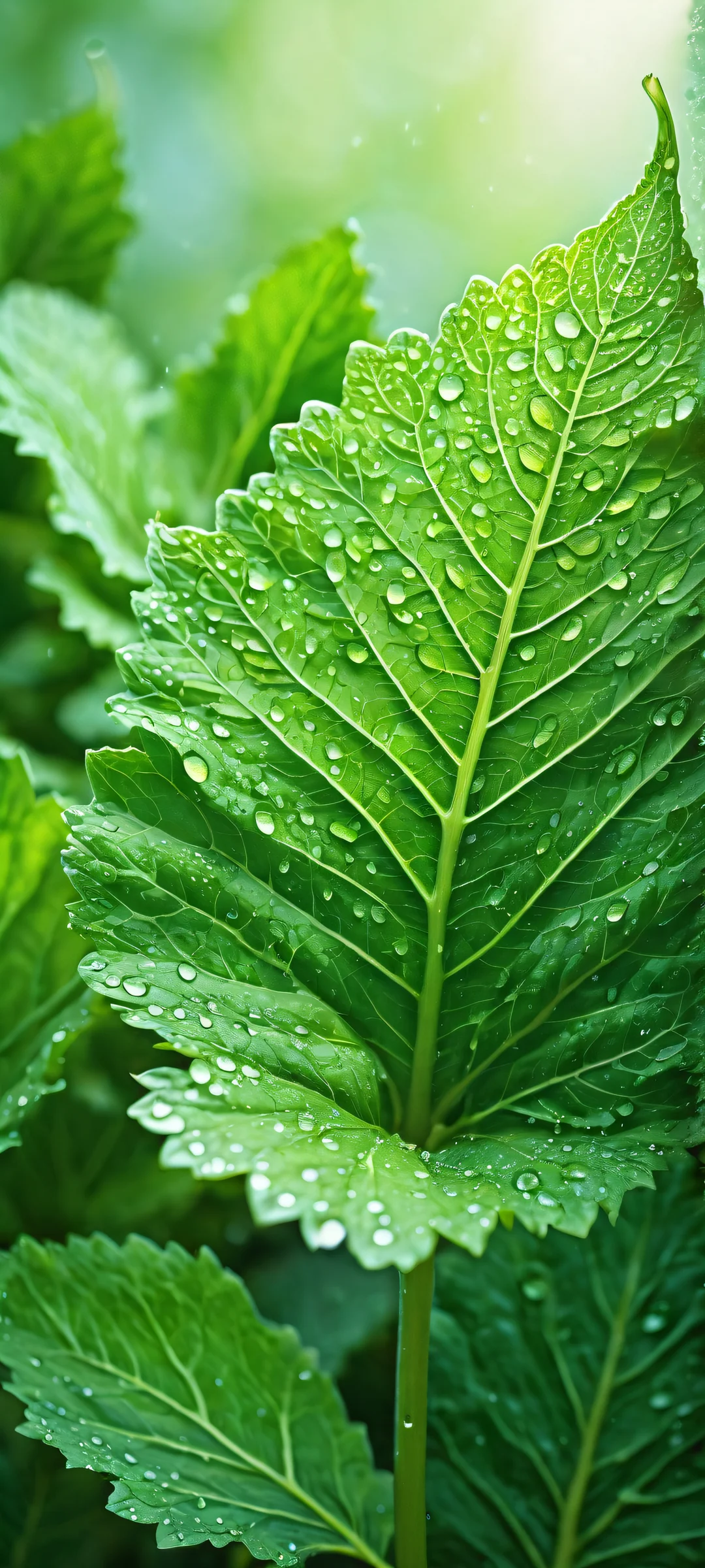 iPhone/Android wallpaper featuring a stunning vertical portrait artwork of water drops and lush greenery with intricate micro-details, perfectly optimized for your home screen.