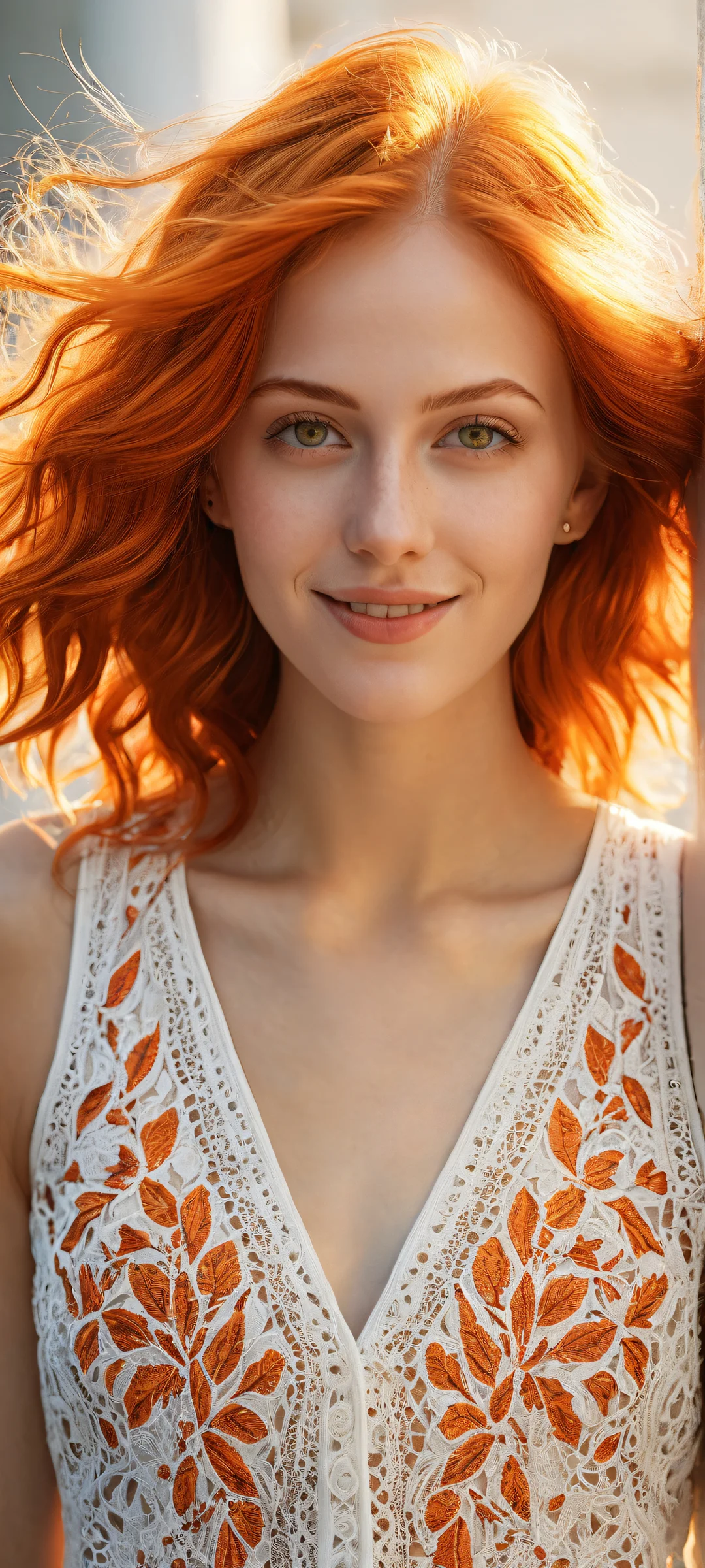 A girl with bright orange hair and a warm smile, iPhone に完全に最適化, サムスンギャラクシー, と Android のホーム画面.