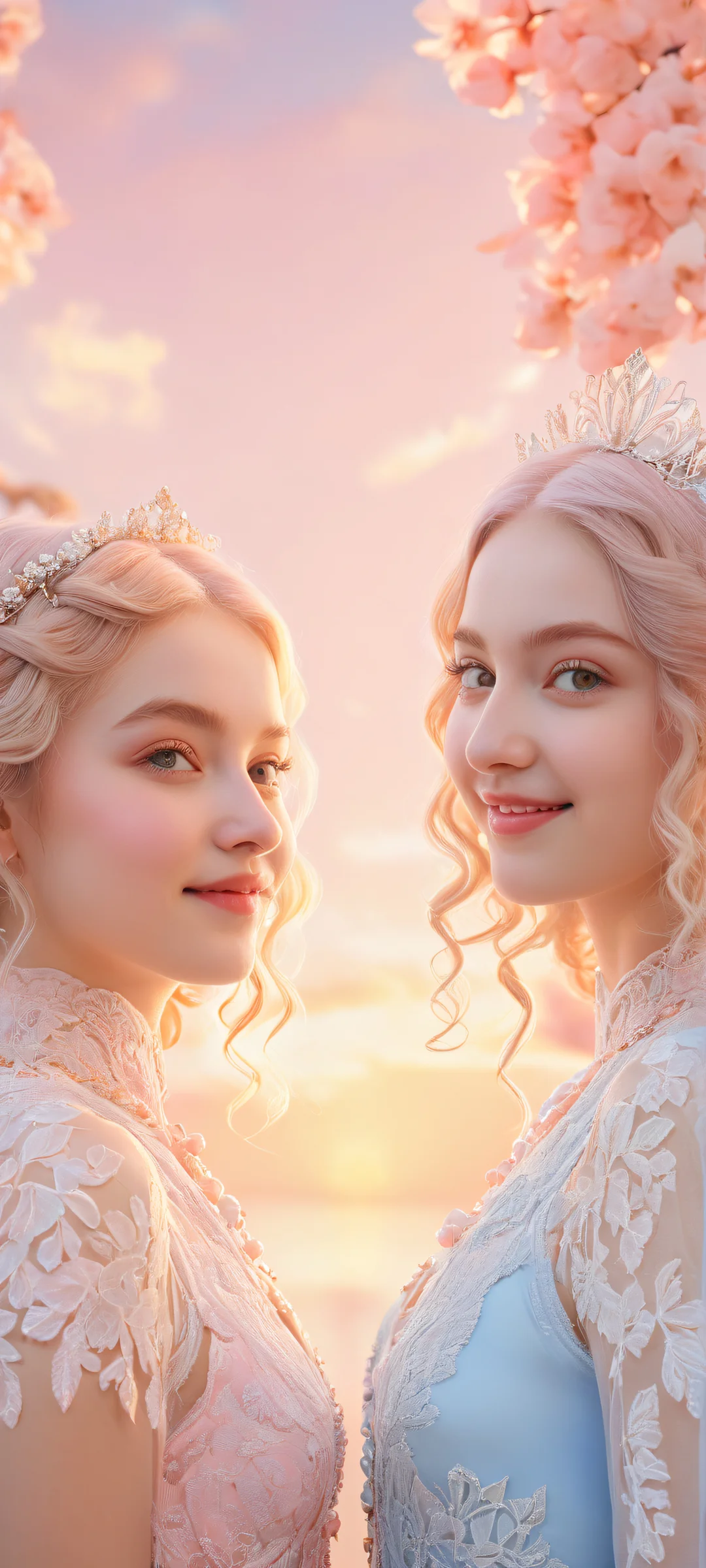 Two smiling girls against a serene background with intricate details, perfeito para telas iniciais de iPhone/Android.