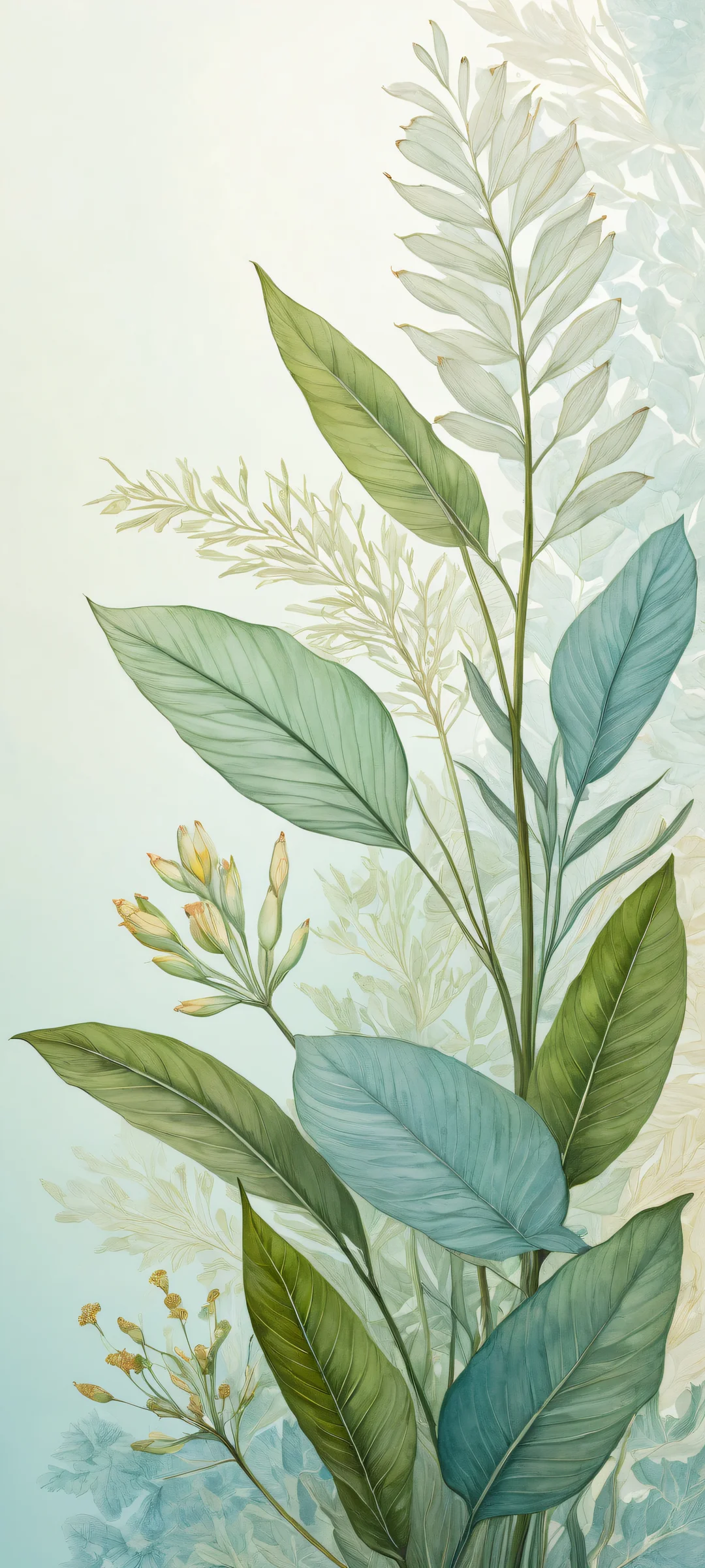 iPhone and Android users will love this breathtaking digital artwork featuring delicate botanical specimens on a pure white background with layered paper textures and soft focus reflections, evoking a sense of serenity.