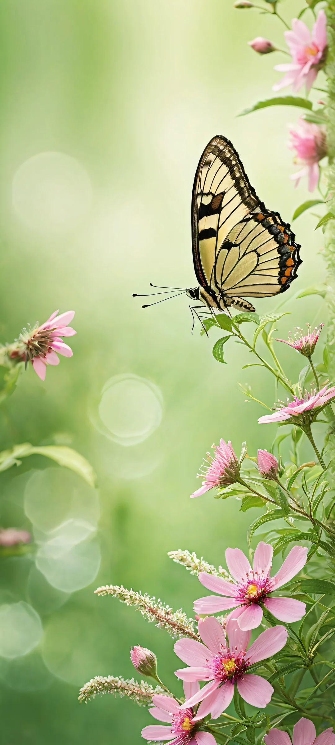 Delicate butterfly surrounded by pink flowers and wildflowers on a vibrant green background, perfectly optimized for iPhone/Android home screens.