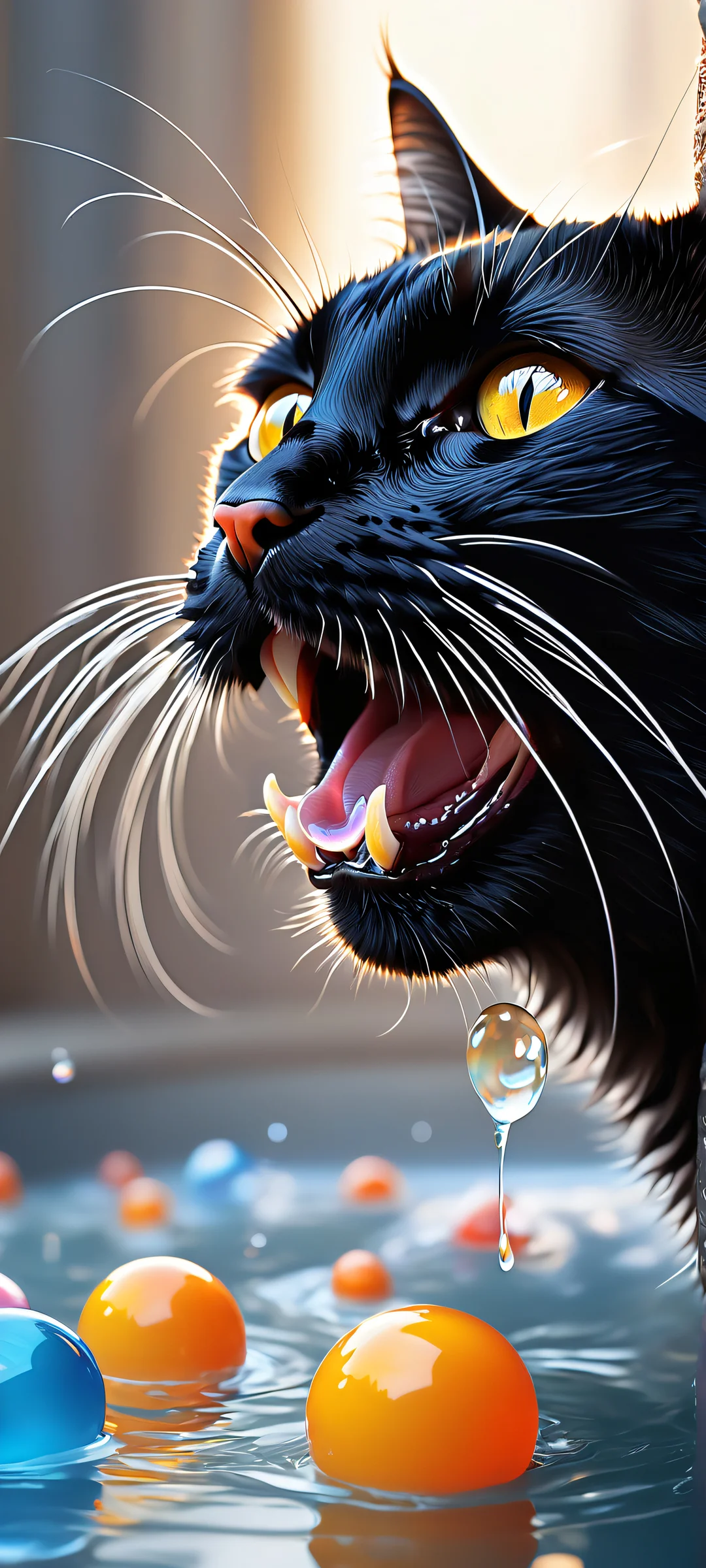 A black cat takes a bubble bath on an iPhone or Android device, with ethereal lighting and radiant colors. Perfect for customizing your phone's home screen.