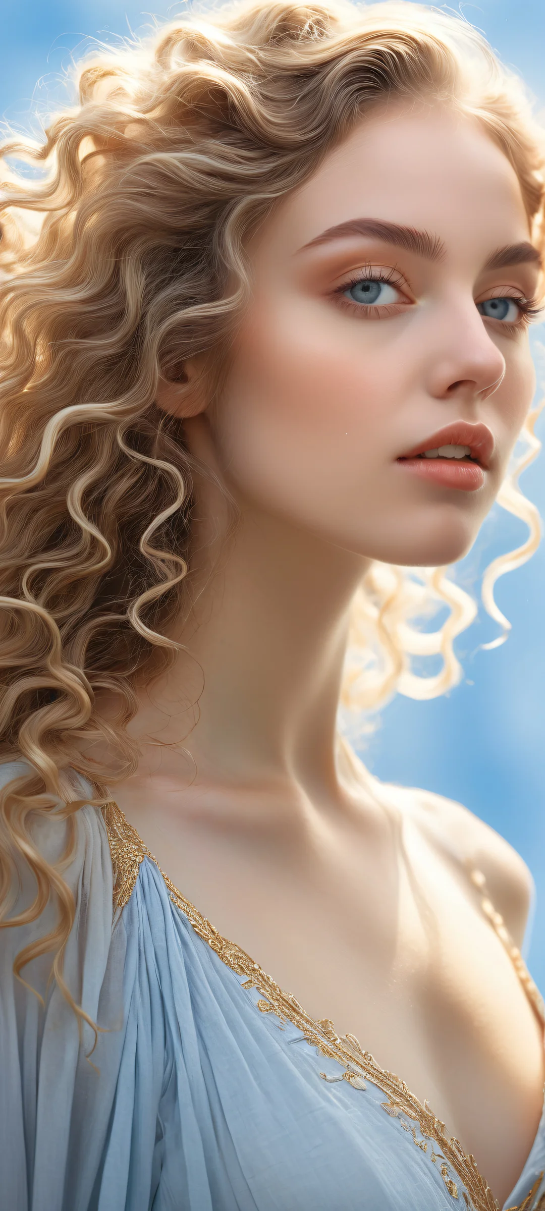 Whispers of Serenity iPhone & Samsung QHD Fond d'écranidéal pour les écrans d'accueil iPhone/Android A mesmerizing young woman with long hair and intricate curls, perfectly positioned in the lower-middle of a serene atmosphere, ideal for iPhone/Android home screens.