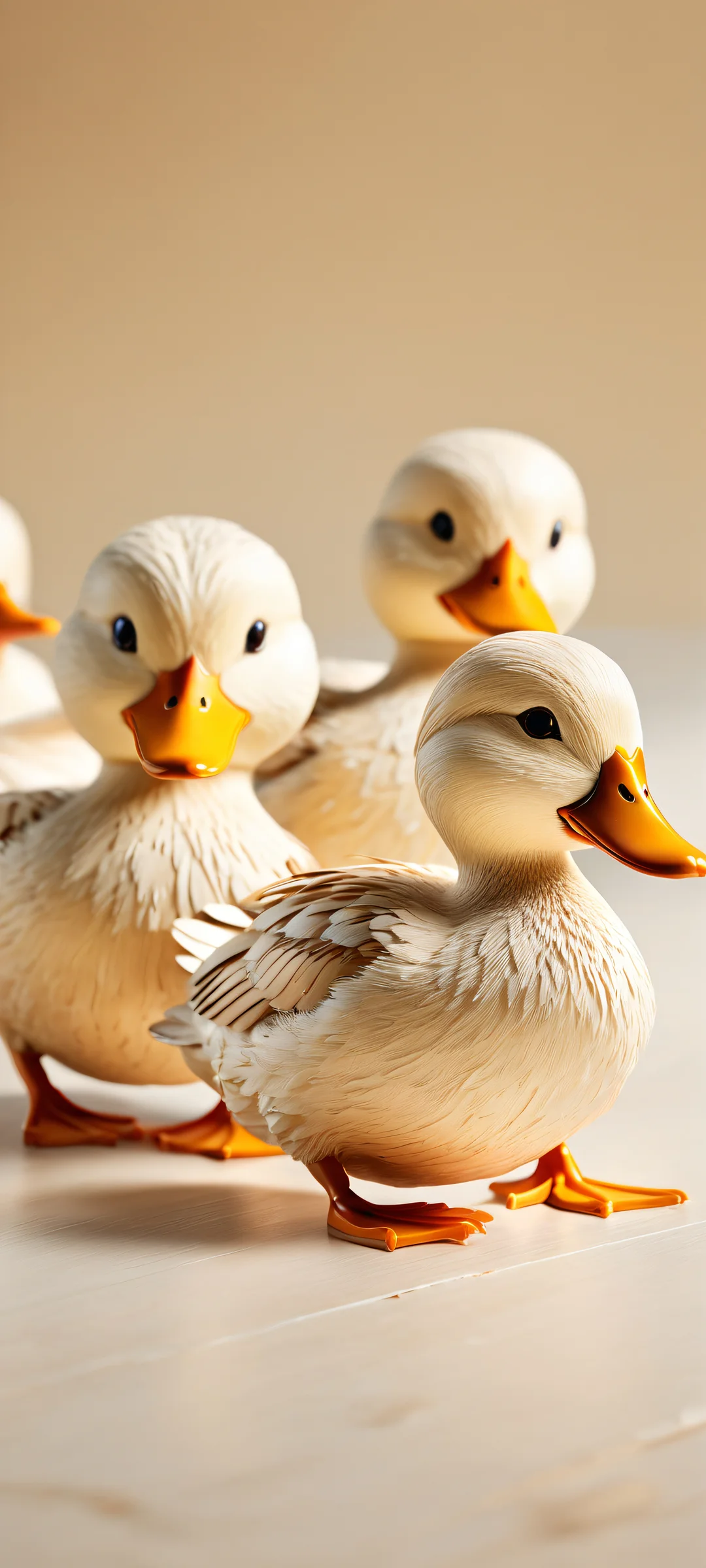 iPhone/Android users will be mesmerized by this stunning portrait wallpaper featuring delicate wooden ducks in motion, set against a serene beige background with gentle highlights. Perfect for quiet moments.