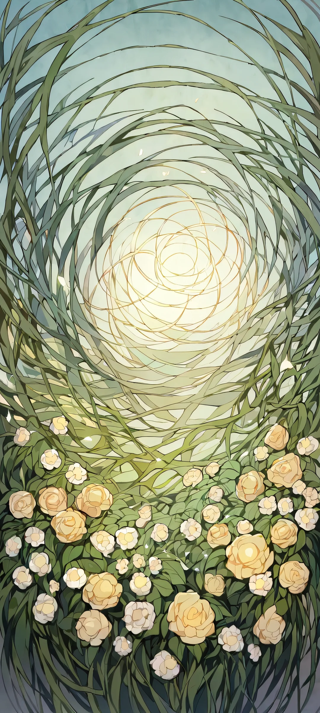 A serene anime girl amidst lush greenery and delicate flowers on an iPhone/Android home screen.