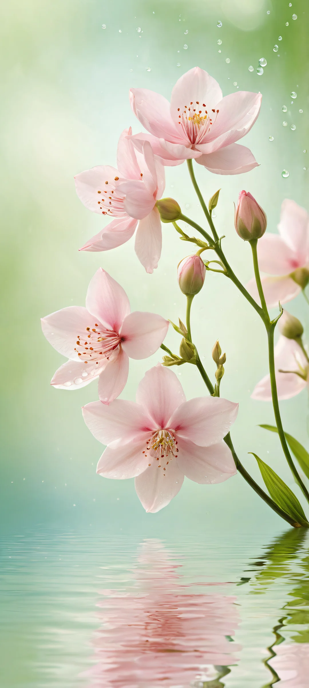 A breathtaking floral artwork featuring delicate flowers suspended in mid-air on a wispy stem, perfectly clean and empty top half with vast pure void, and iPhone/Android optimized for stunning visual impact.