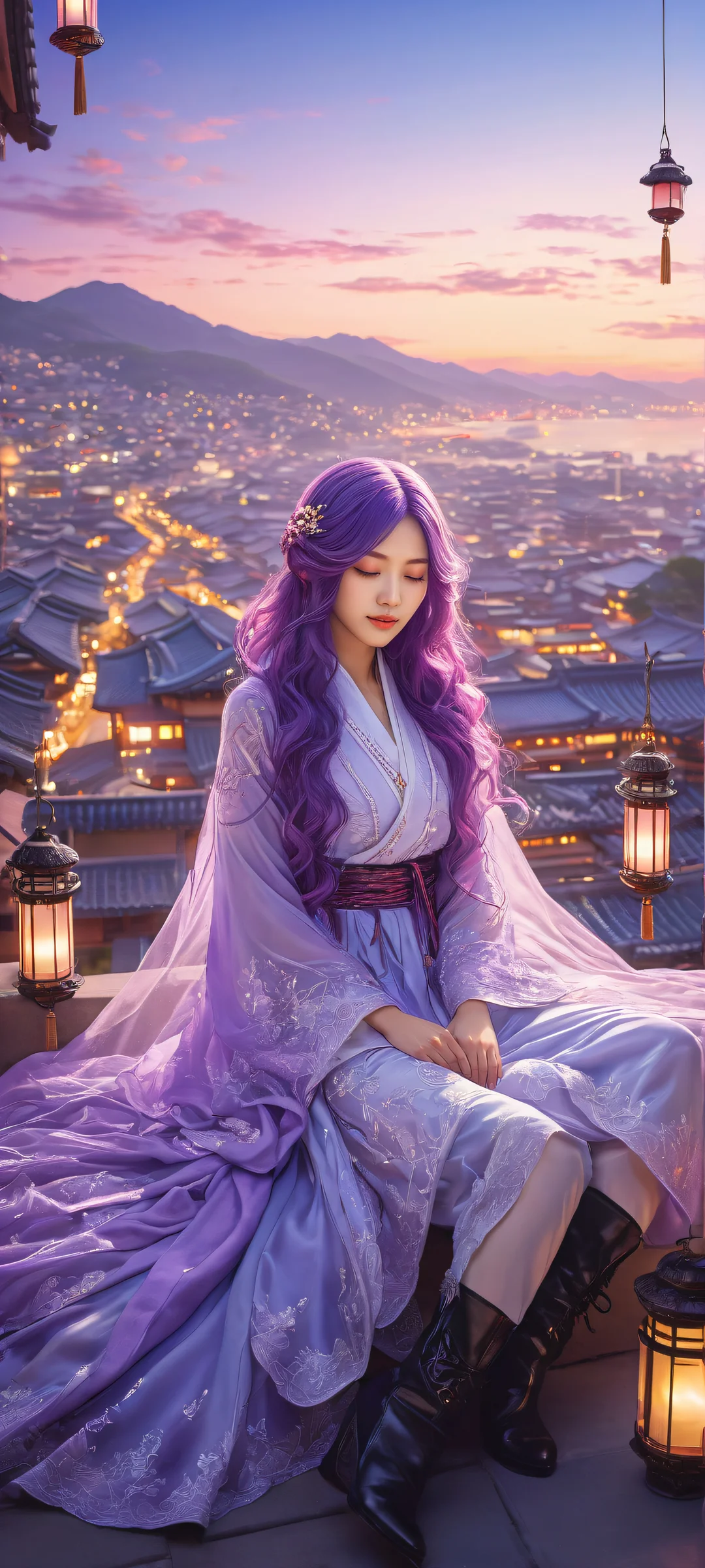 A peaceful portrait of Asahina Mafuyu sleeping with her hair being styled, surrounded by a serene cityscape at the bottom half, 上半分の UI が完全にきれいになりました, suitable for iPhone/Android.