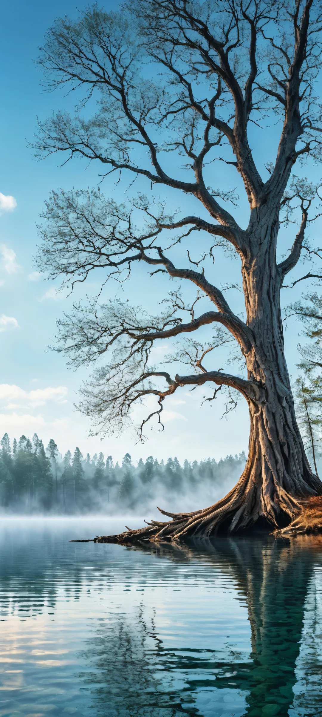 Whispers of Serenity QHD Smartphone Backgroundparfaitement optimisé pour les écrans d'accueil iPhone/Android A breathtaking vertical portrait artwork featuring dead trees and a serene forest landscape with misty clouds, tranquil lake, and ethereal lighting, perfectly optimized for iPhone/Android home screens.