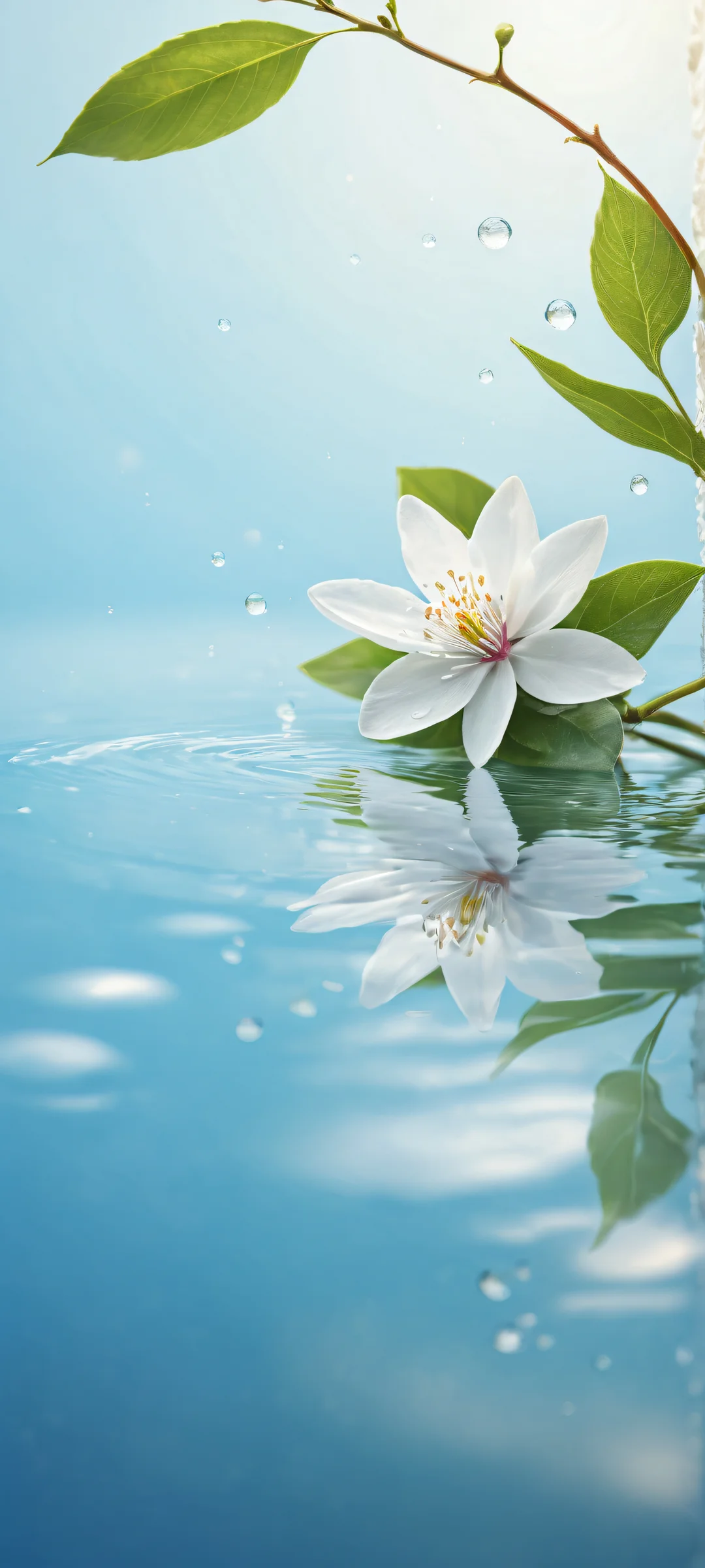 Delicate flowers suspended in mid-air on a serene aquatic scene for iPhone and Android, with stunning visual impact and perfect composition.