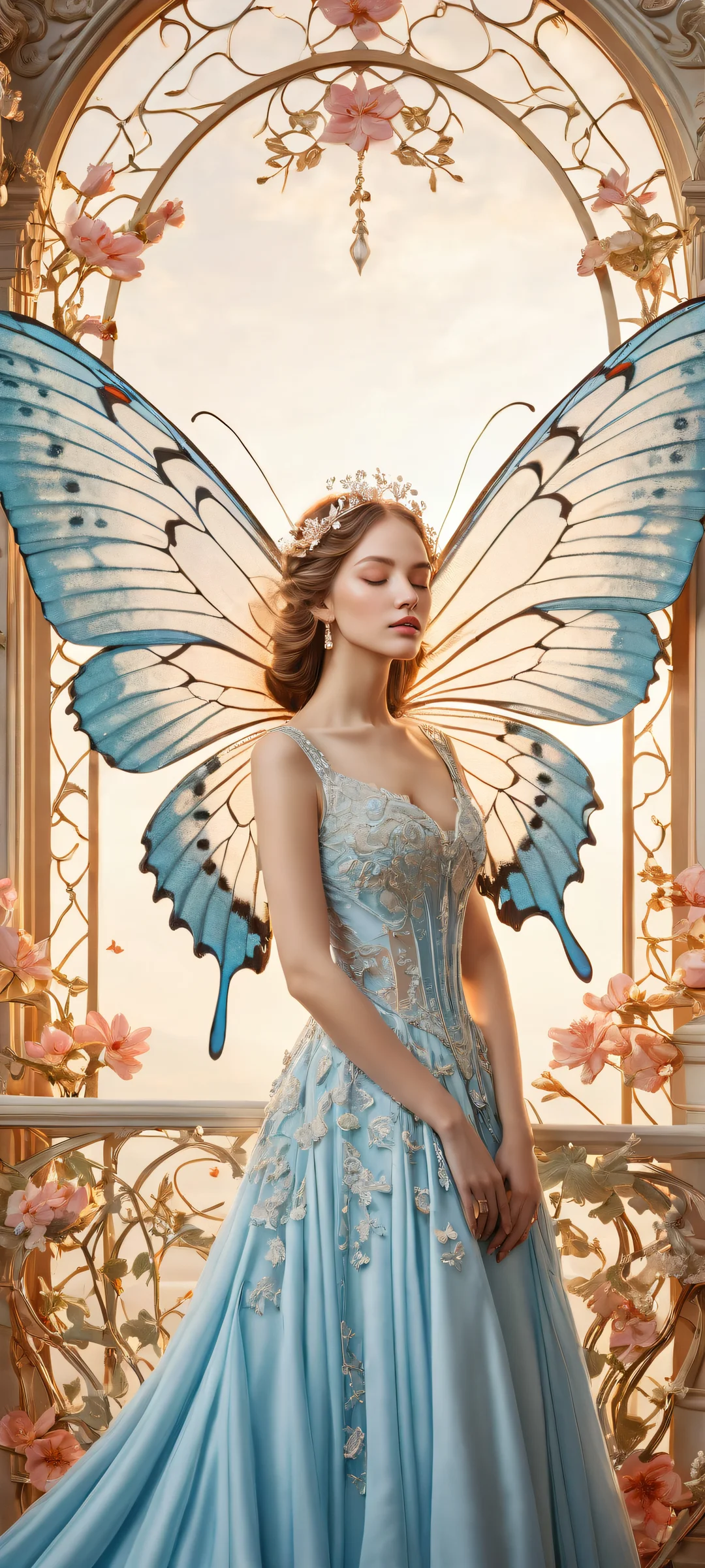 iPhone and Android compatible mobile wallpaper featuring a delicate butterfly surrounded by intricate details and floating hair, jewelry, and picture frames. Perfect for your home screen.