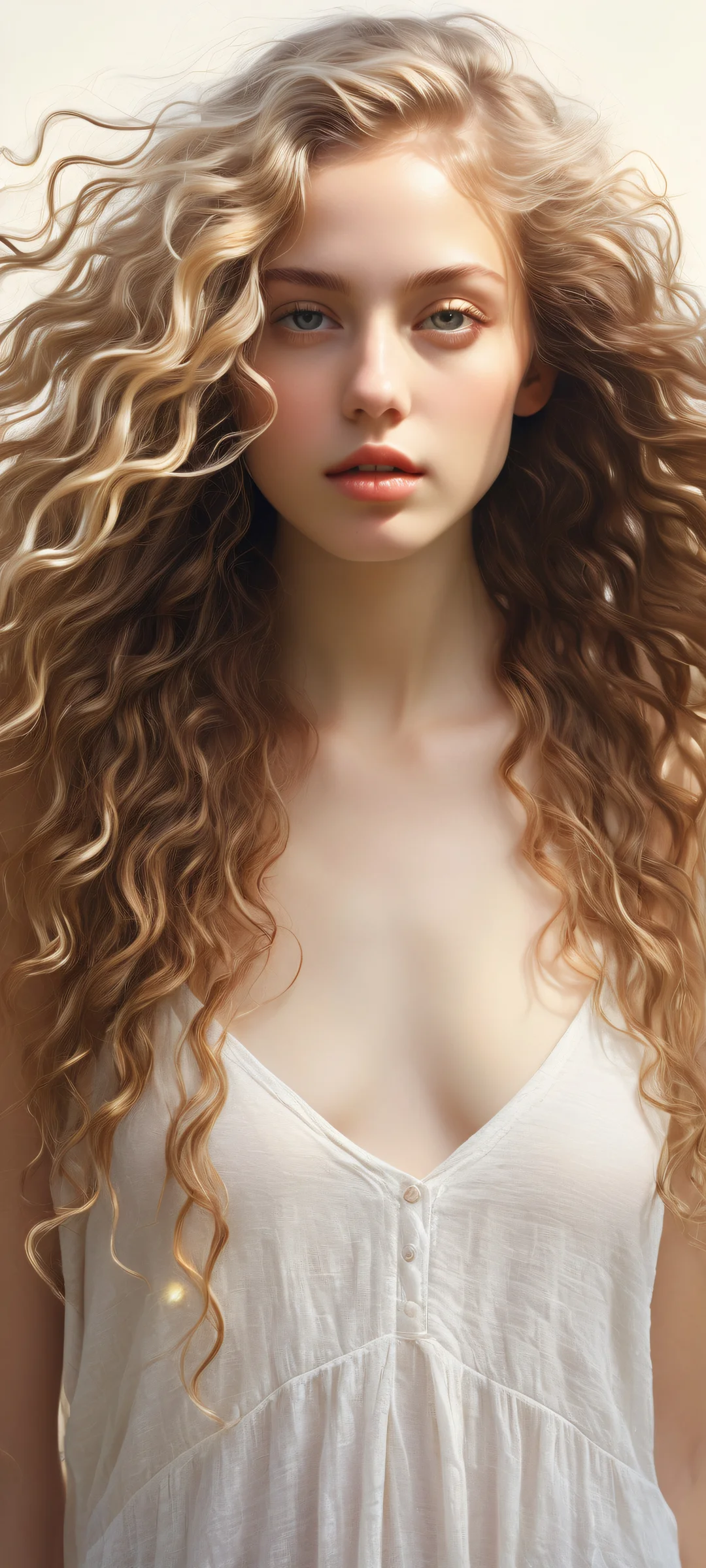 Whispers of Serenity 2K Mobile BackgroundiPhone と Android のホーム画面に完全に最適化 A young girl with curly hair on a pure void background, perfectly optimized for iPhone and Android home screens.
