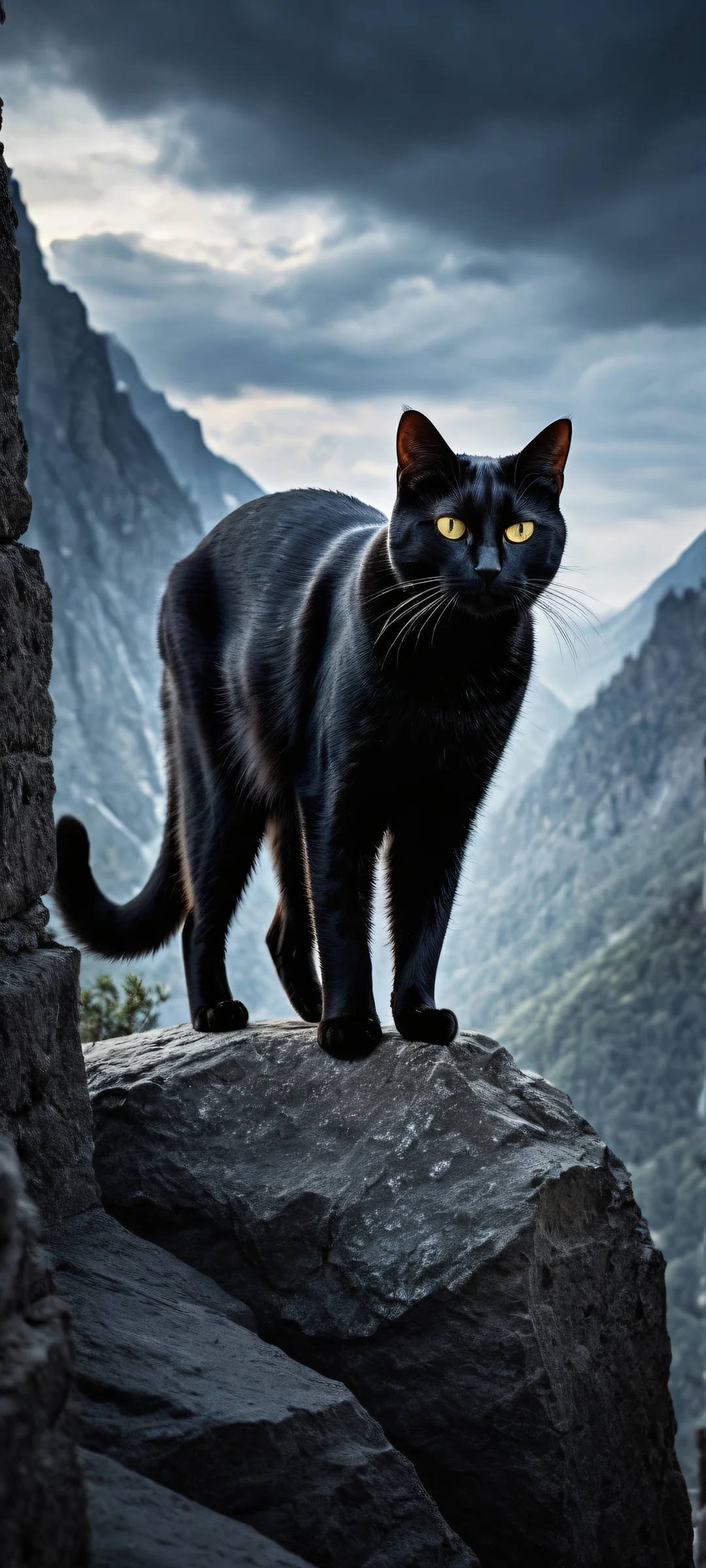 Majestic black cat in surreal landscape on iPhone/Android background