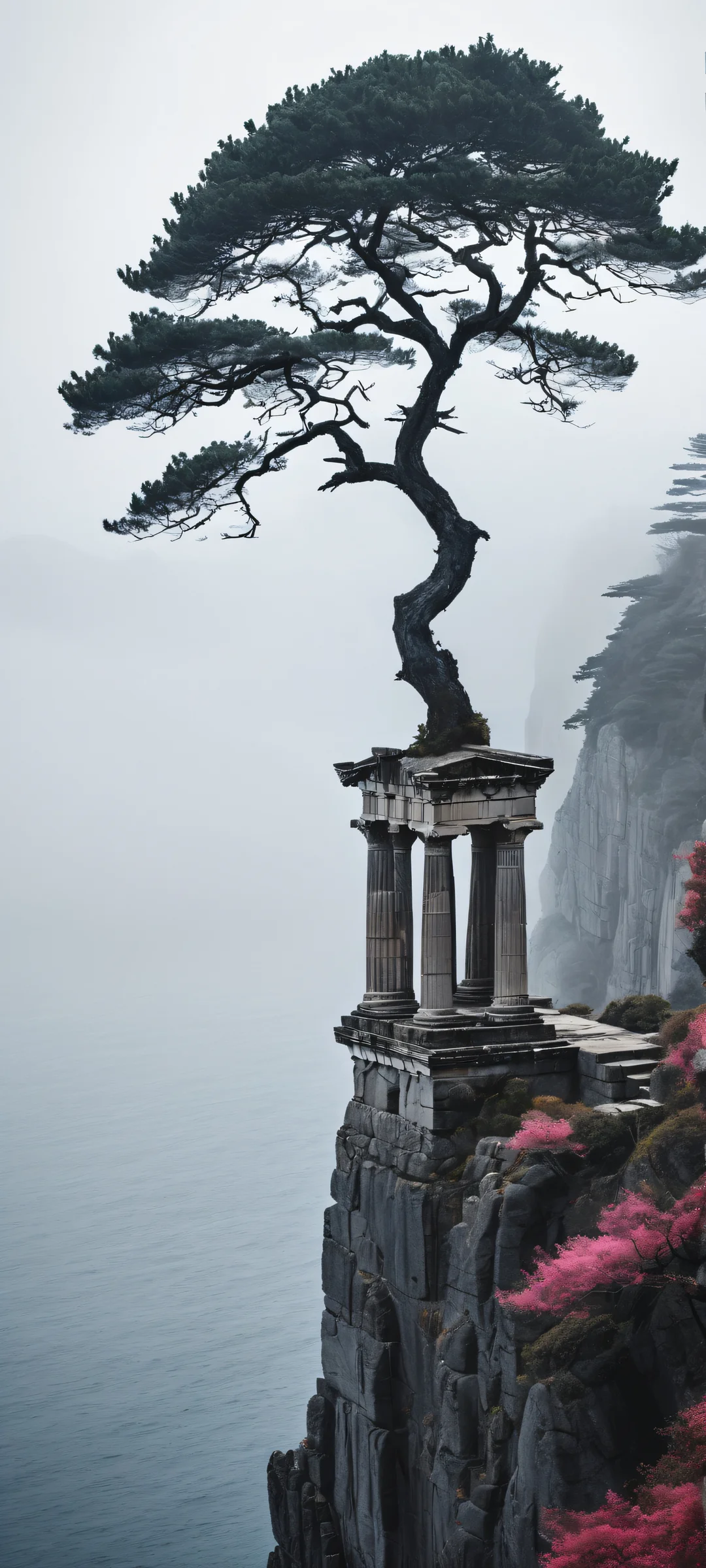 iPhone/Android exclusive artwork featuring a whimsical Greek temple standing atop a cliff overlooking the sea amidst a dark forest, with intricate details and perfect blacks.