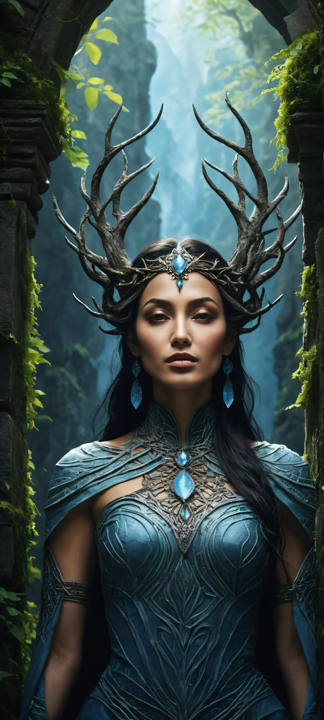 Whispers of the Ancients 2K Mobile Background Mysterious woman surrounded by ancient ruins and vines, perfectly optimized for iPhone/Android home screens.