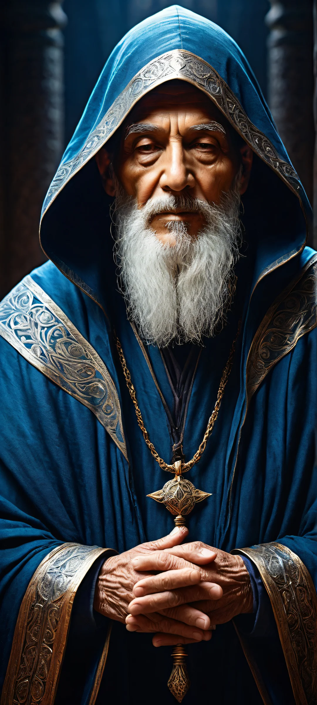 Elderly mage in contemplation, surrounded by mystical shadows. Parfait pour les écrans d'accueil iPhone et Android.