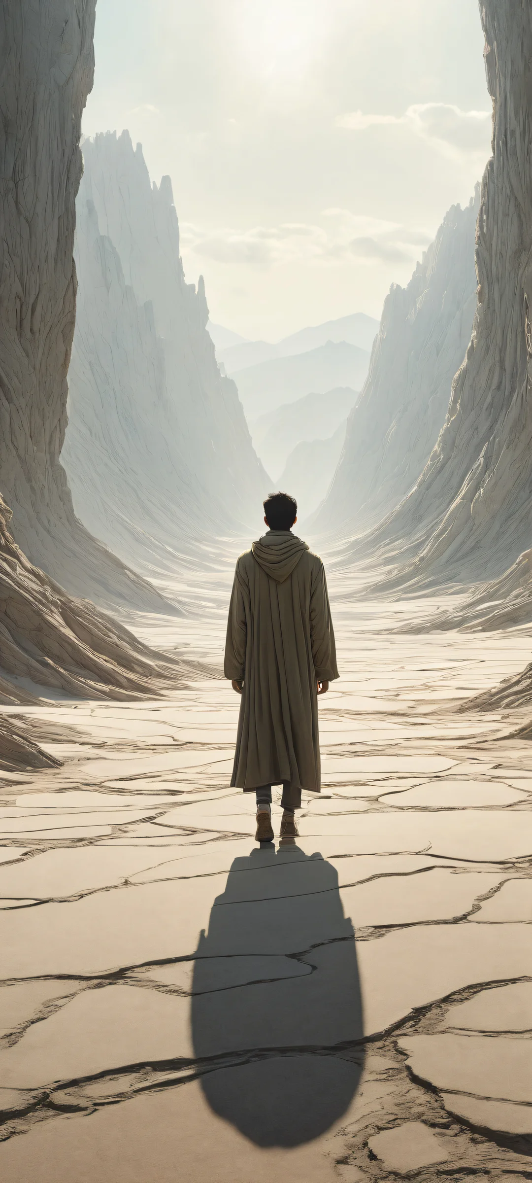 A lone figure covered in ash-like fabric stands amidst a vast barren land on iPhone and Android devices, with ethereal lighting and brilliant colors.