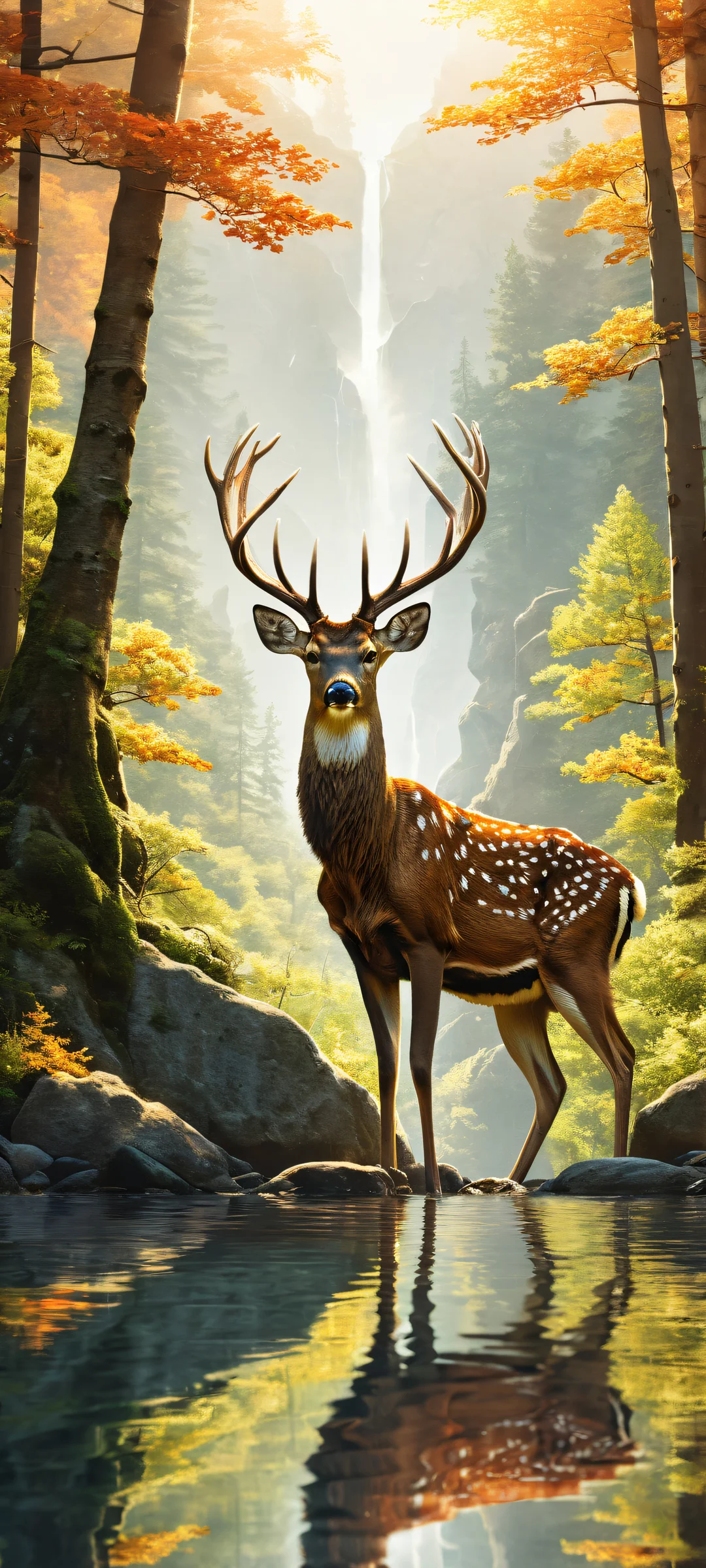 A serene and breathtaking portrait of a deer and its companion set against an ethereal forest backdrop, parfaitement optimisé pour les écrans d'accueil iPhone et Android.