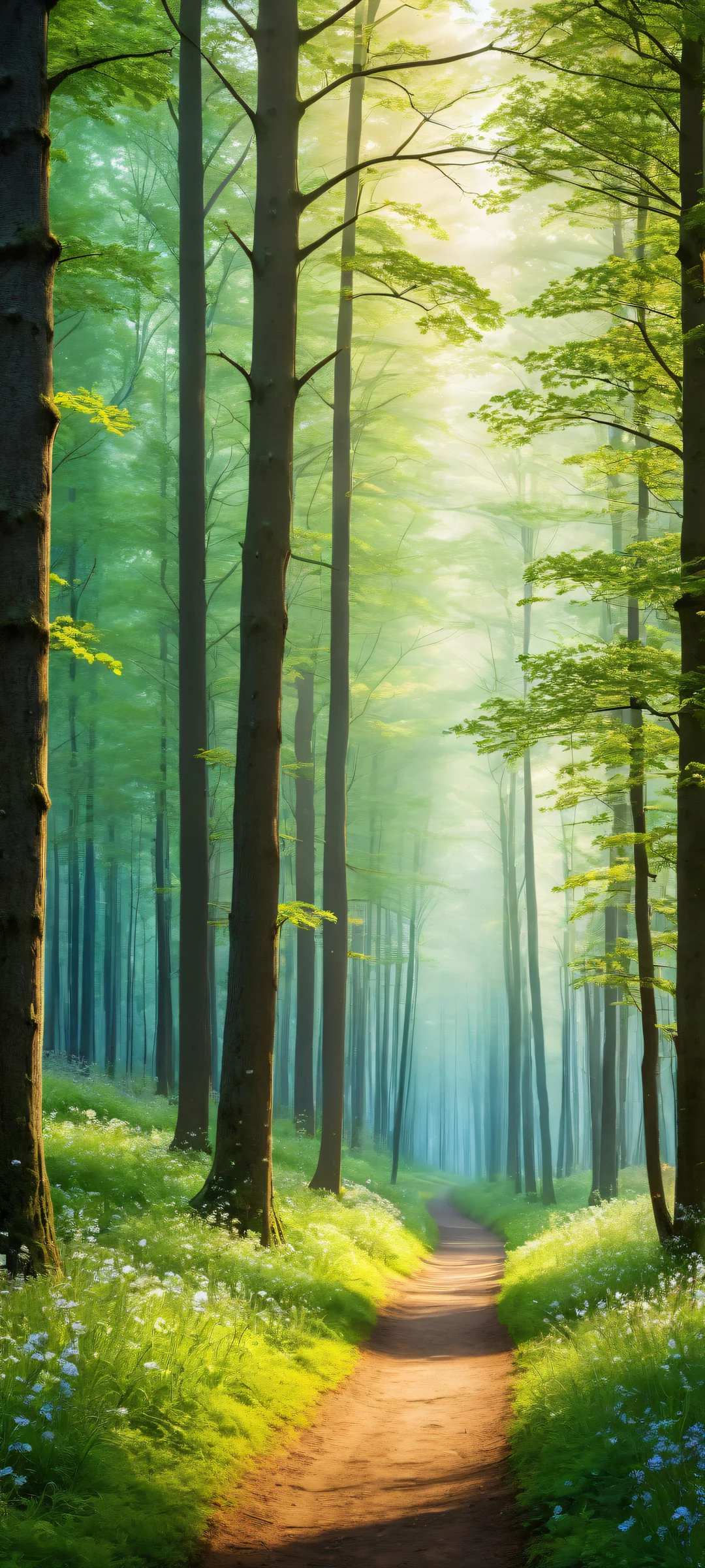 A serene landscape with towering trees and a winding road disappearing into misty fog. Perfekt optimiert für das iPhone, Samsung Galaxy, und Android-Startbildschirme.