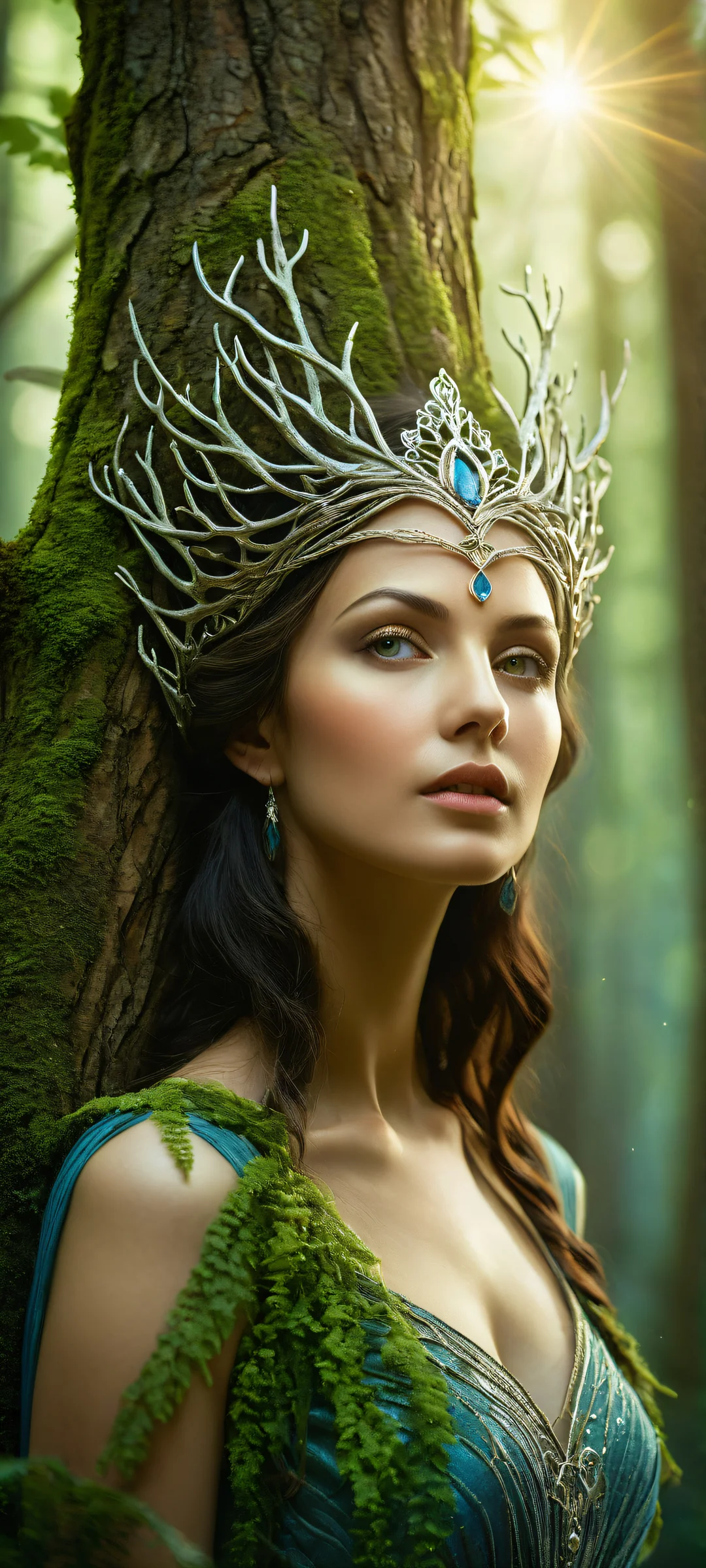 Enchanted forest creatures amidst ancient tree bark and vines. Perfekt für iPhone-/Android-Startbildschirme.