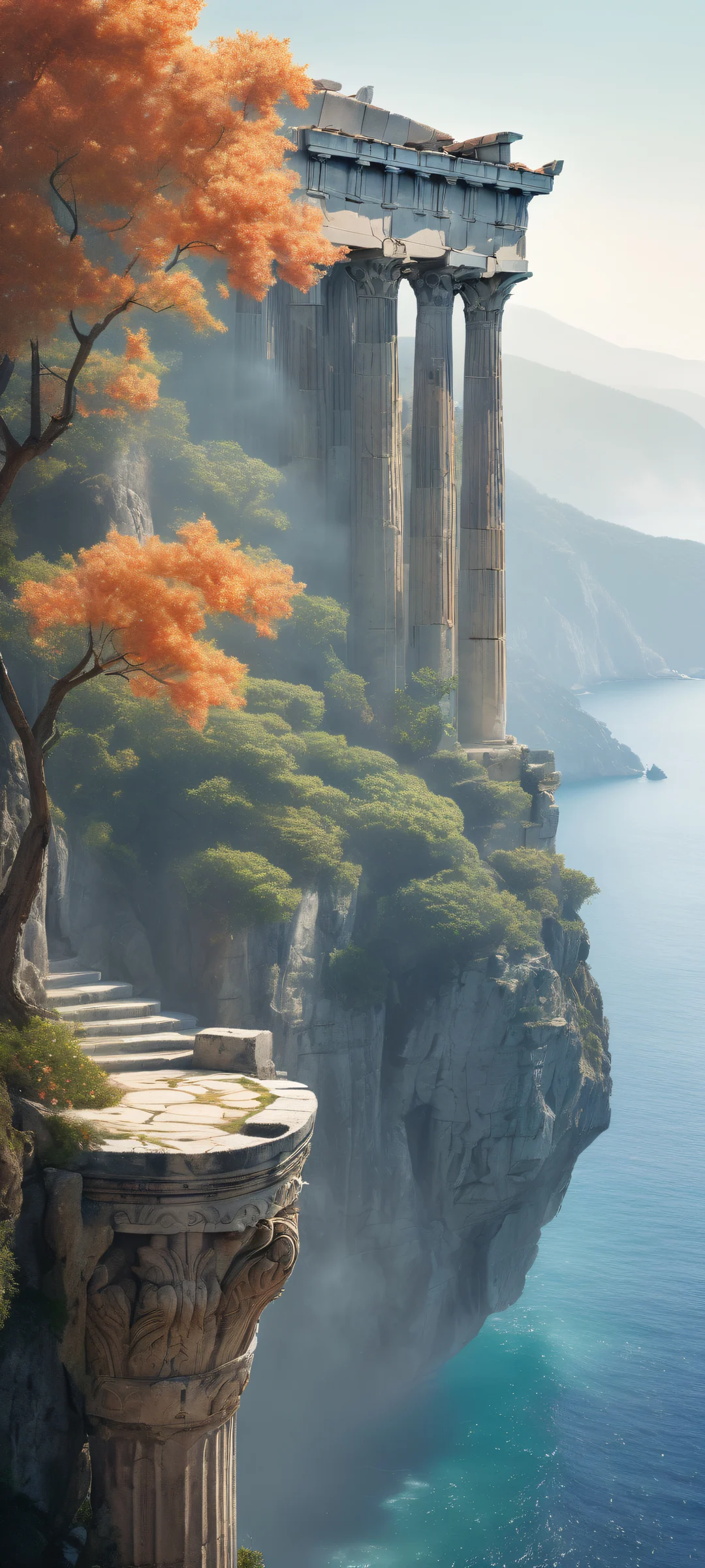 iPhone and Android compatible digital painting of a mystical Greek temple amidst a dark forest, with radiant colors and textured surfaces.