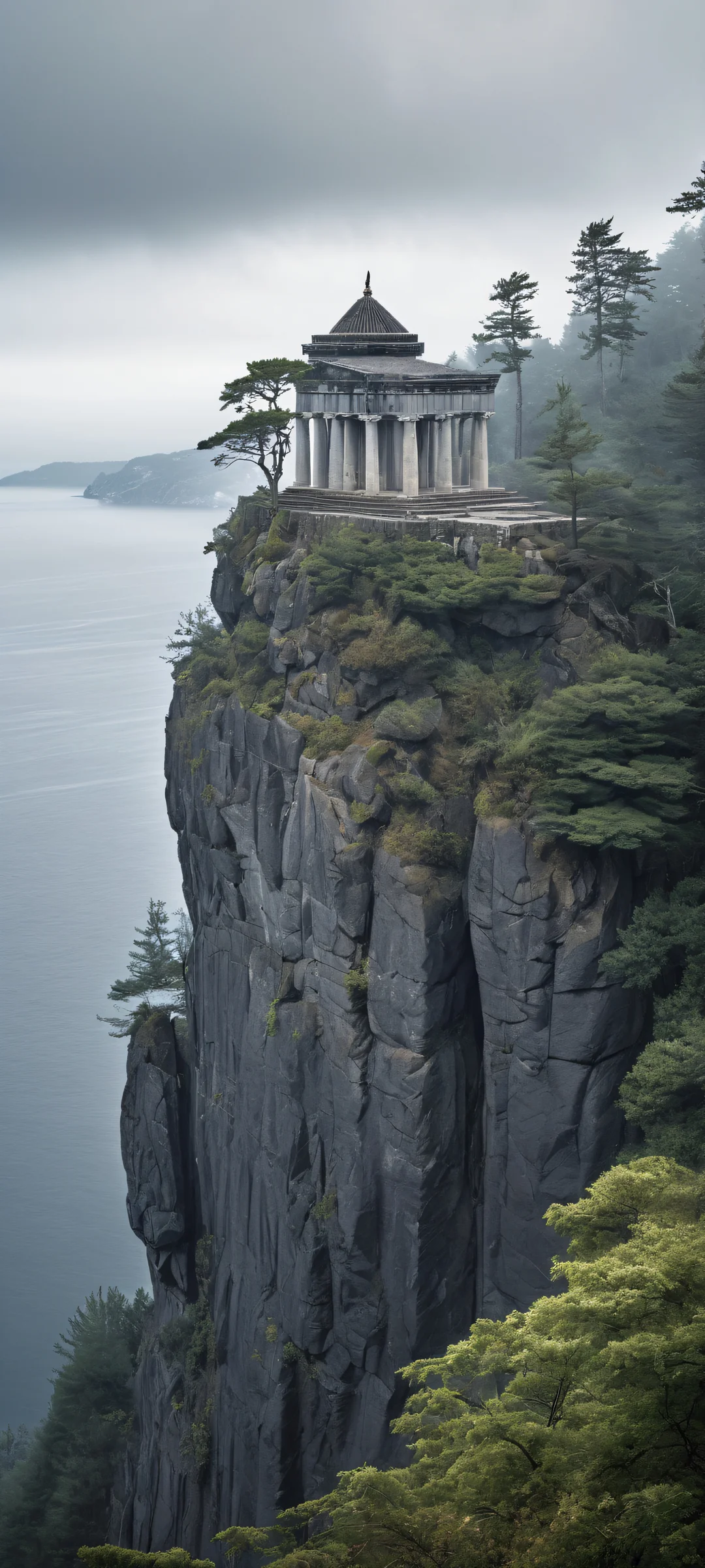 A stunning digital artwork featuring a whimsical scene with a greek temple overlooking the sea, ideal for iPhone/Android home screens.