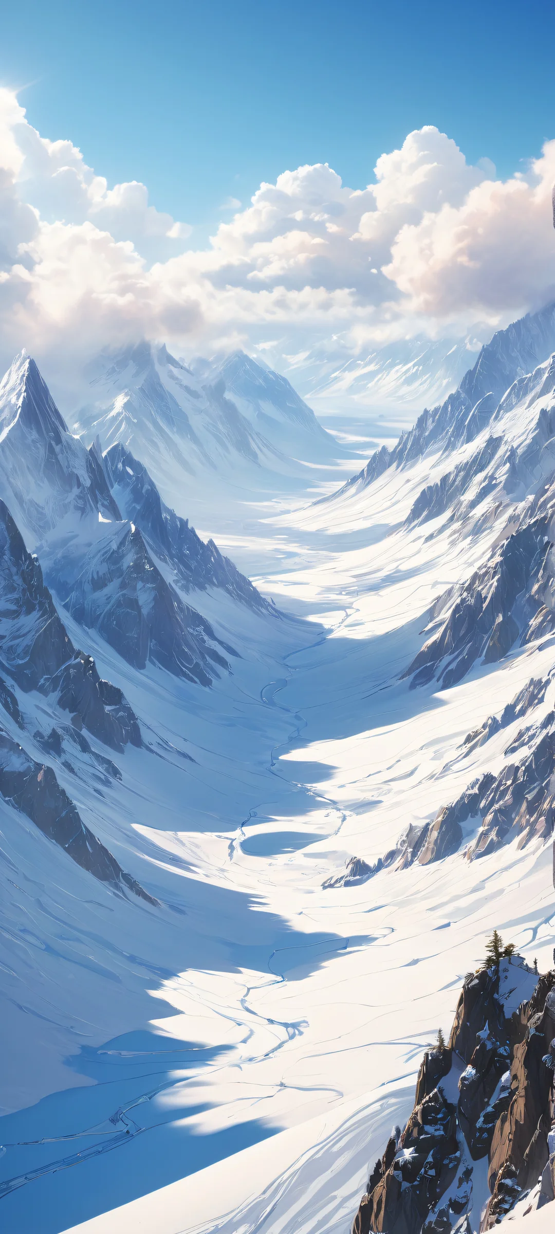iPhone and Android users can immerse themselves in this stunning digital artwork featuring a whimsical soft painting of snow-capped mountains against a dramatic winter sky.