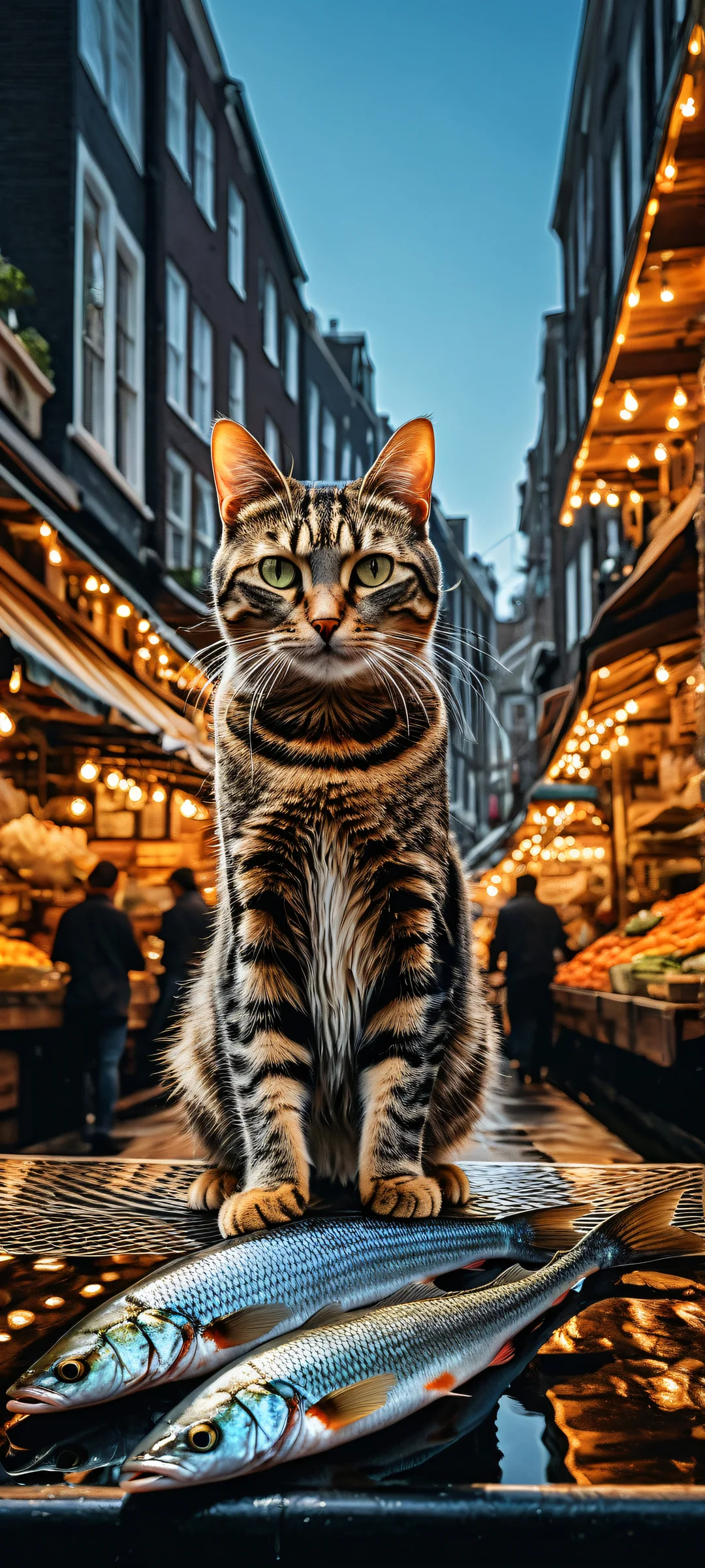 A young tabby cat hugging a silver fish in a bustling Dutch street market scene. Perfect for iPhone and Android home screens.