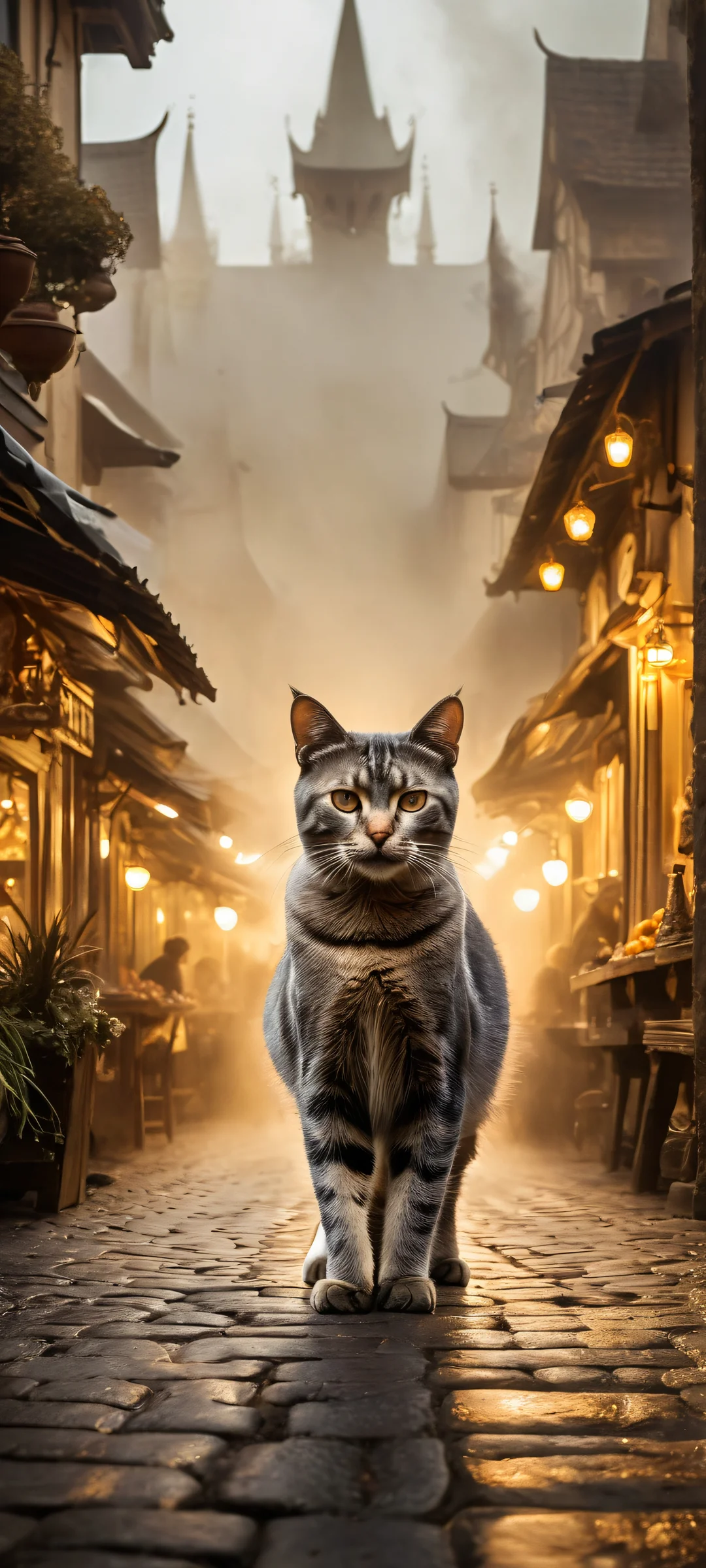 A majestic cat stands amidst a bustling marketplace, perfeitamente otimizado para telas iniciais de iPhone e Android. Capture the cinematic moody lighting and dramatic high contrast.